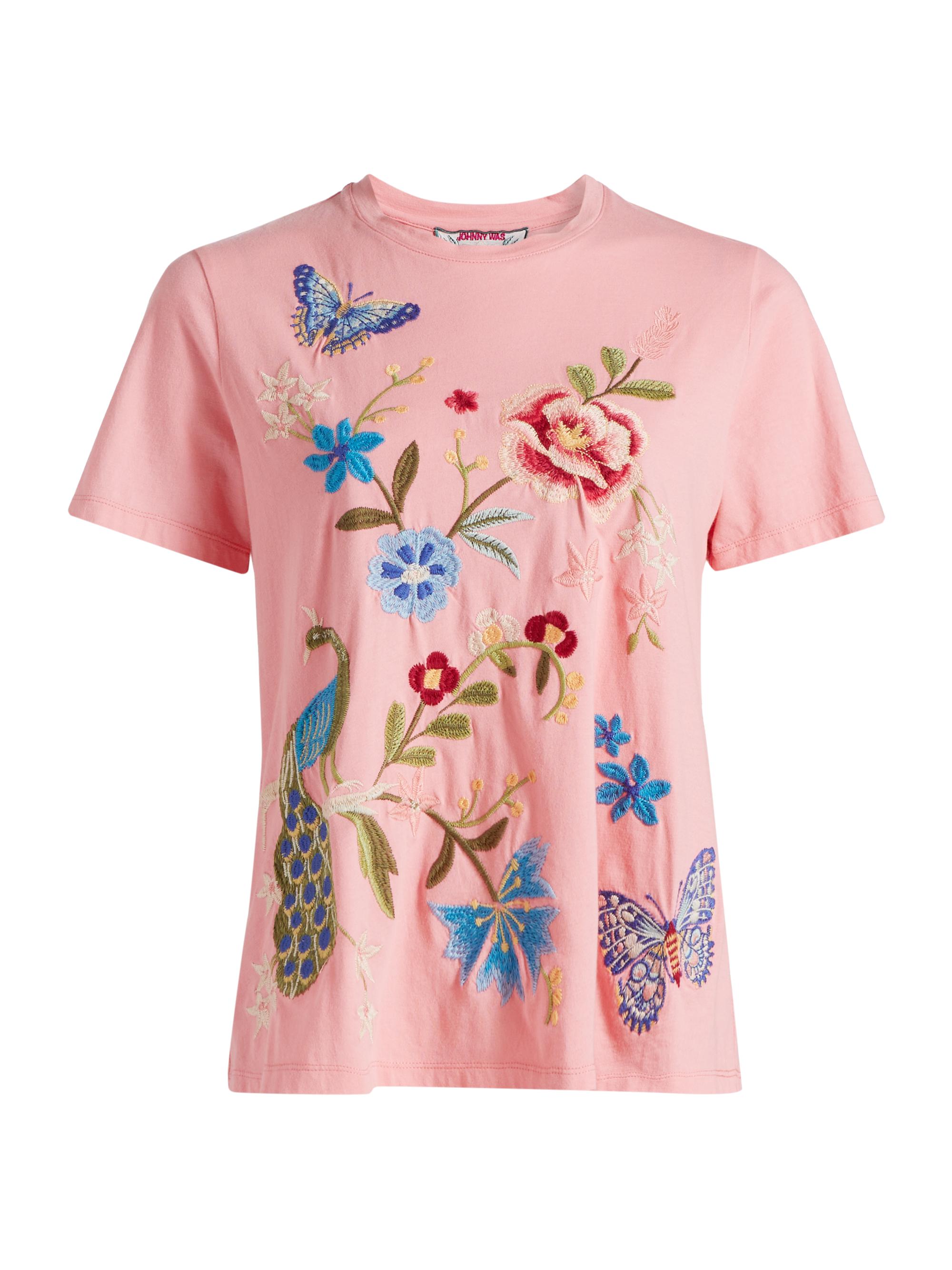Johnny Was Women's Embroidered Cotton T-Shirt - Salmon Rose