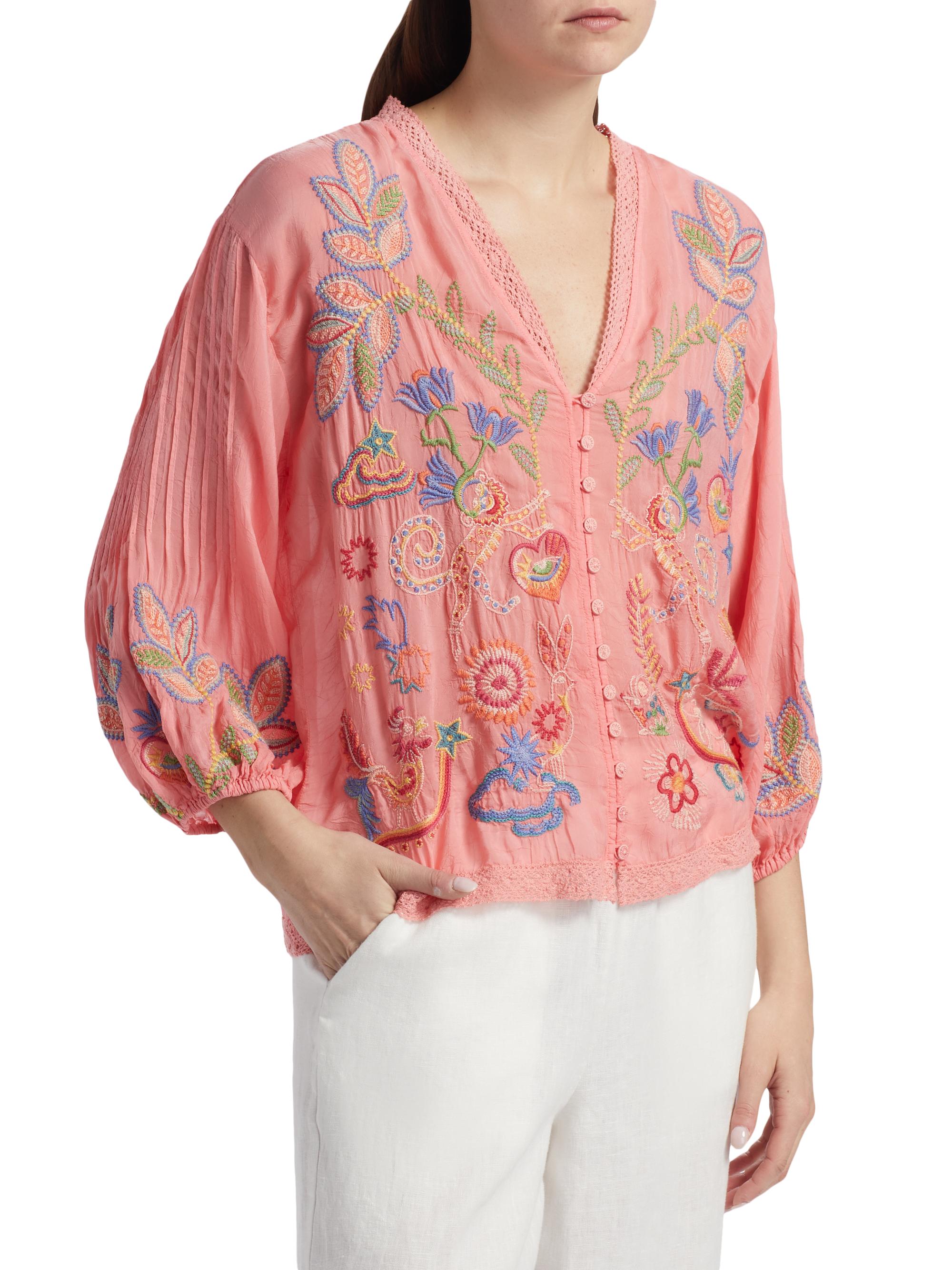 Johnny Was Luna Embroidered V-Neck Shirt | Saks Fifth Avenue