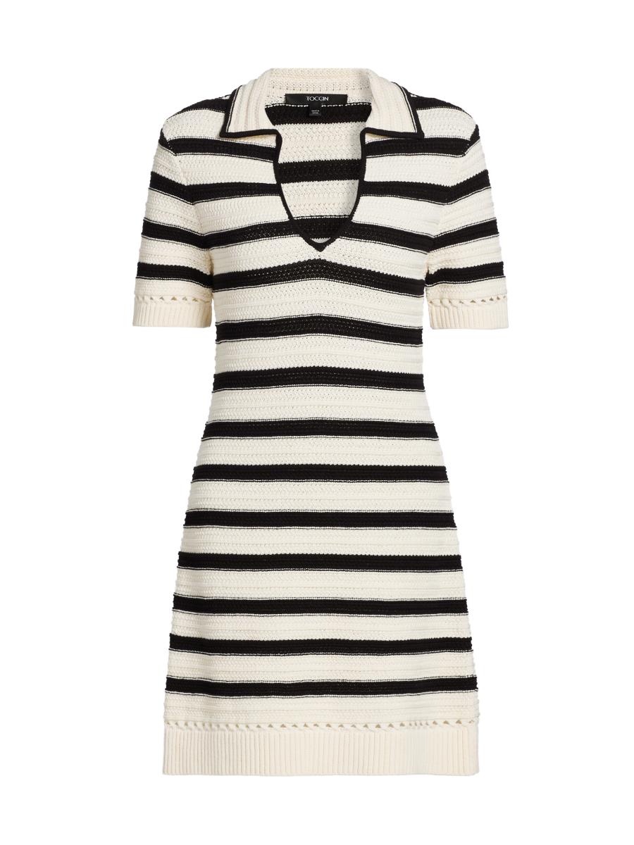 Toccin Women's Tyler Striped Knit Polo Minidress - Ivory Jet Stripe - Size Medium