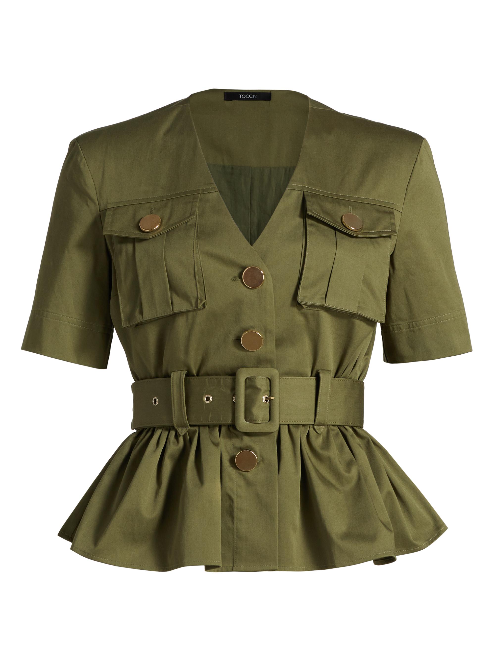 Toccin Women's Ezra Safari Stretch-Cotton Peplum Shirt - Olive
