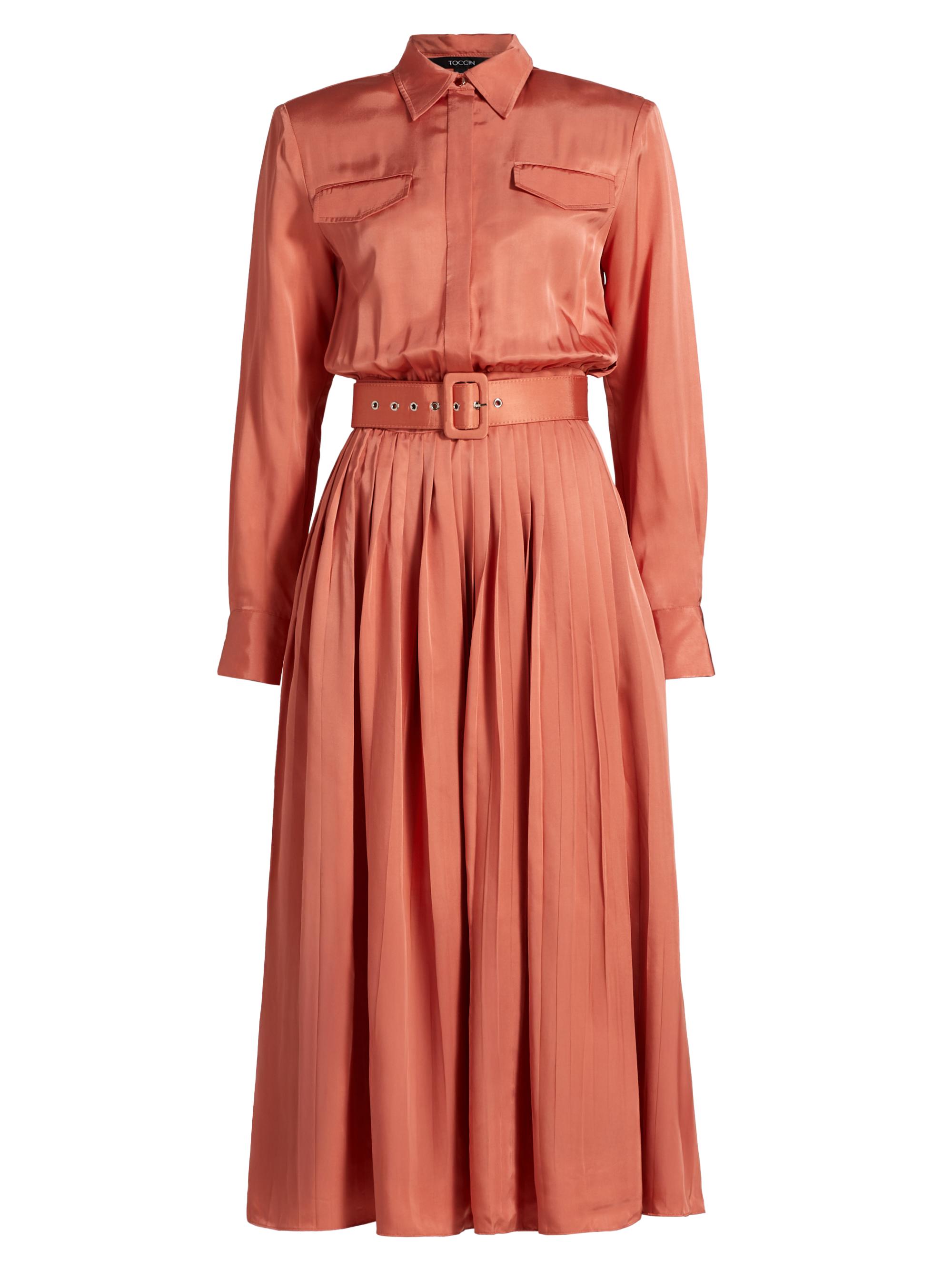 Toccin Women's Eliana Satin Twill Belted Shirtdress - Burnt Sienna