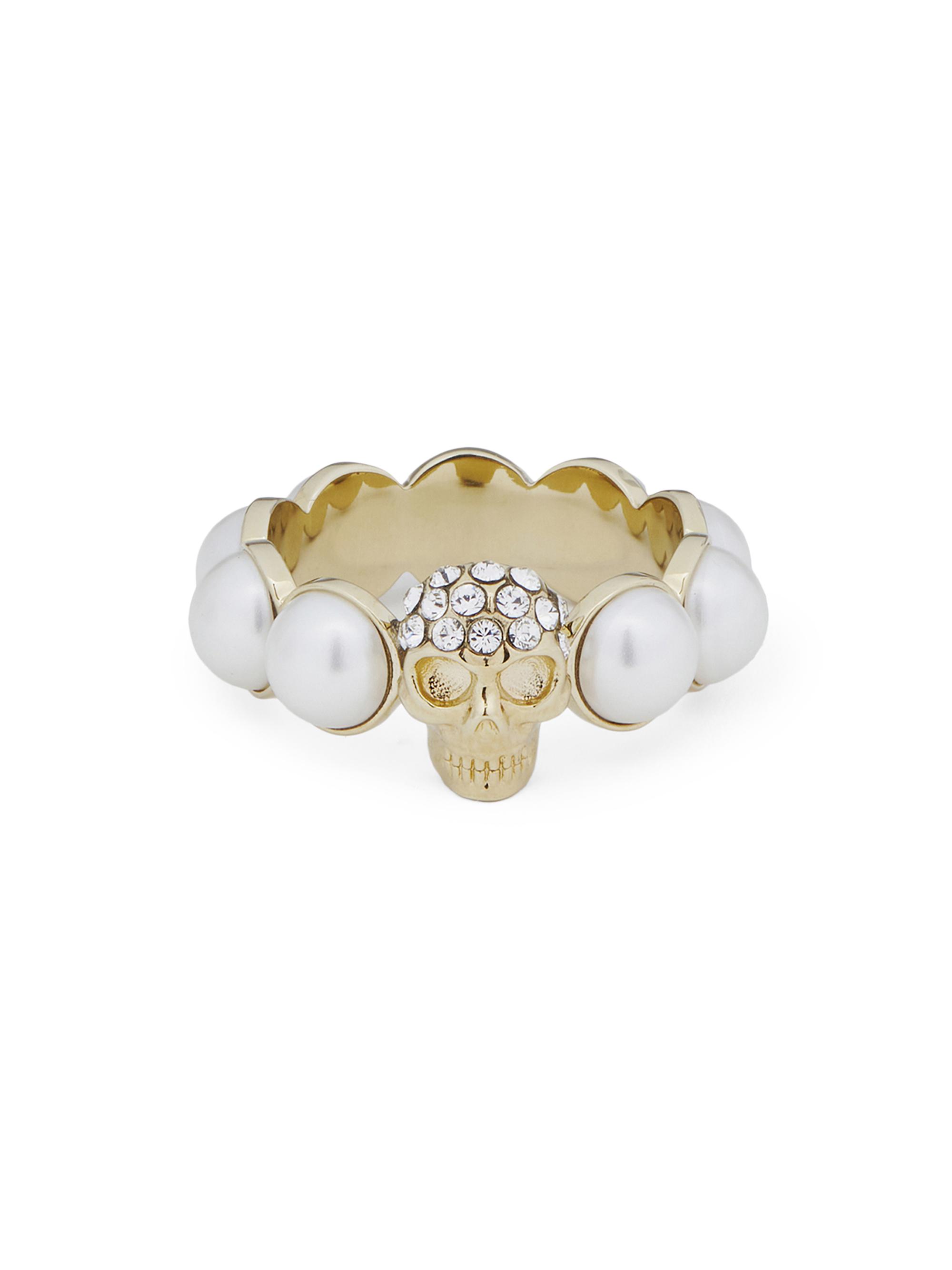 McQueen Women's Goldtone, Imitation Pearl & Glass Crystal Skull Ring - Pearl Grey