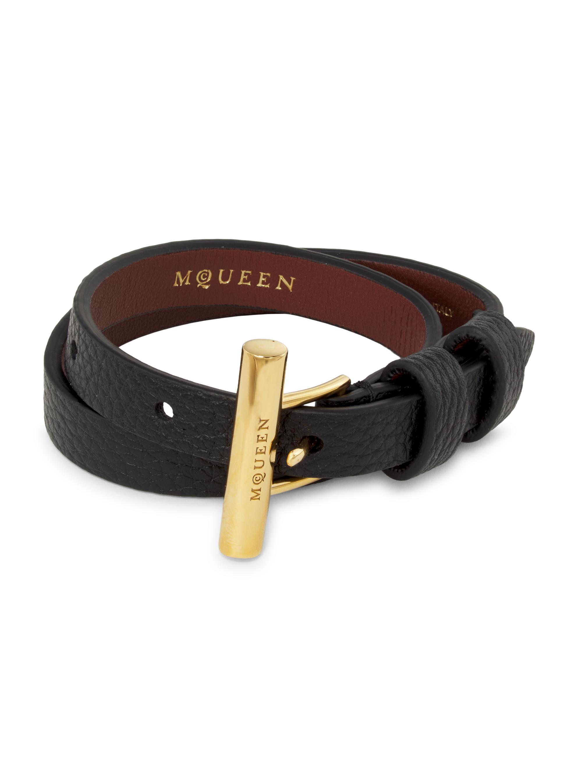 McQueen Women's Goldtone & Leather T-Bar Double-Wrap Bracelet - Black