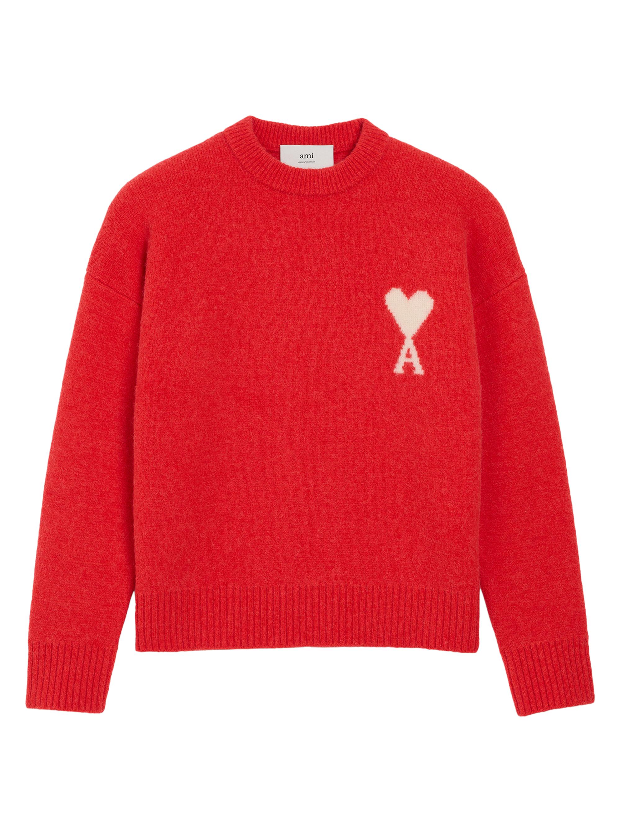 AMI Paris Men's Ami De Coeur Alpaca-Wool Sweater - Carmin Red Off Whte