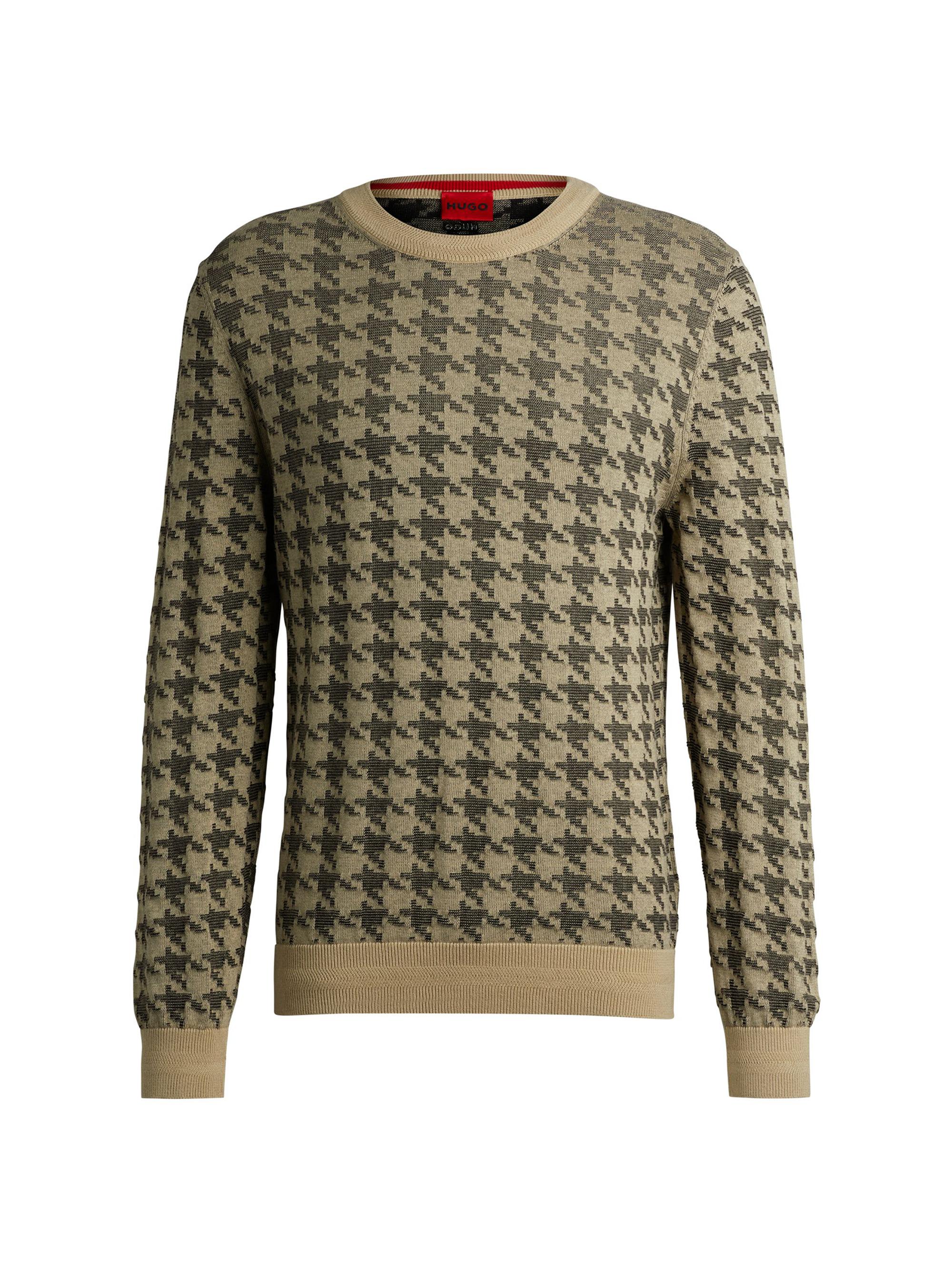 HUGO Men's Houndstooth Check Sweater in Cotton - Light Beige