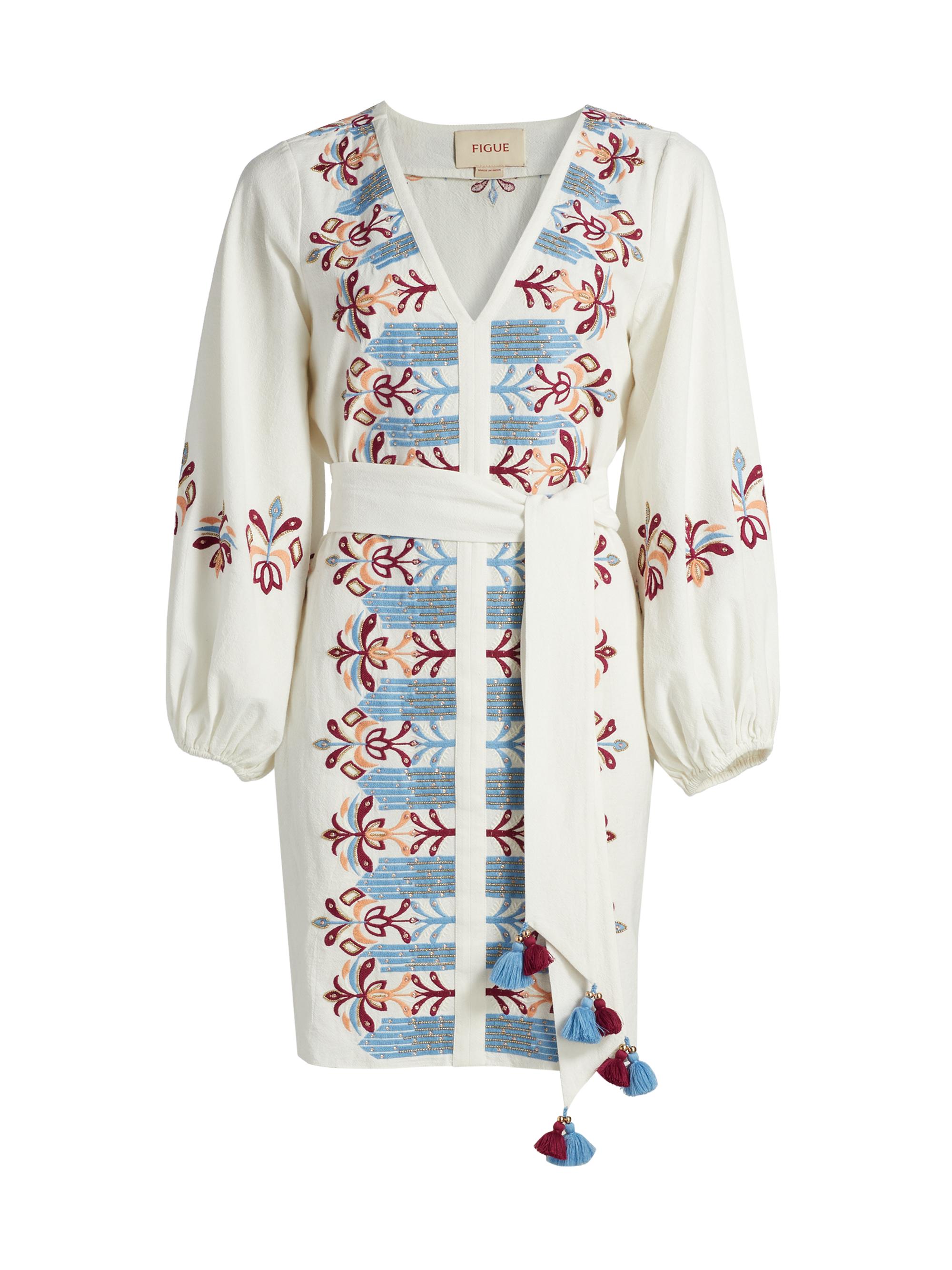 Figue Women's Judith Embroidered Cotton Self-Belt Minidress - Chalk