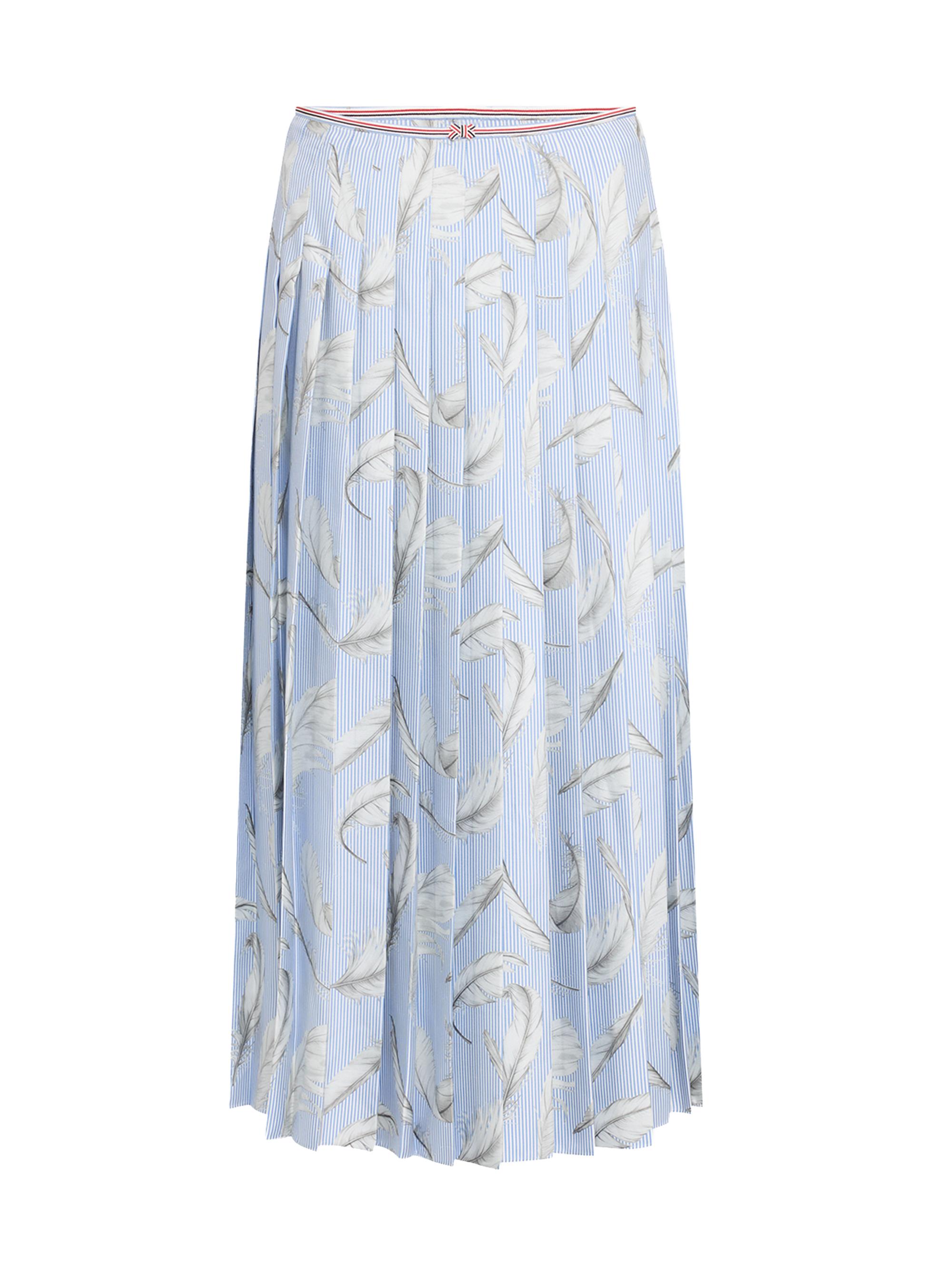 Thom Browne Women's Pleated Feather-Print & Striped Silk Midi-Skirt - Light Blue