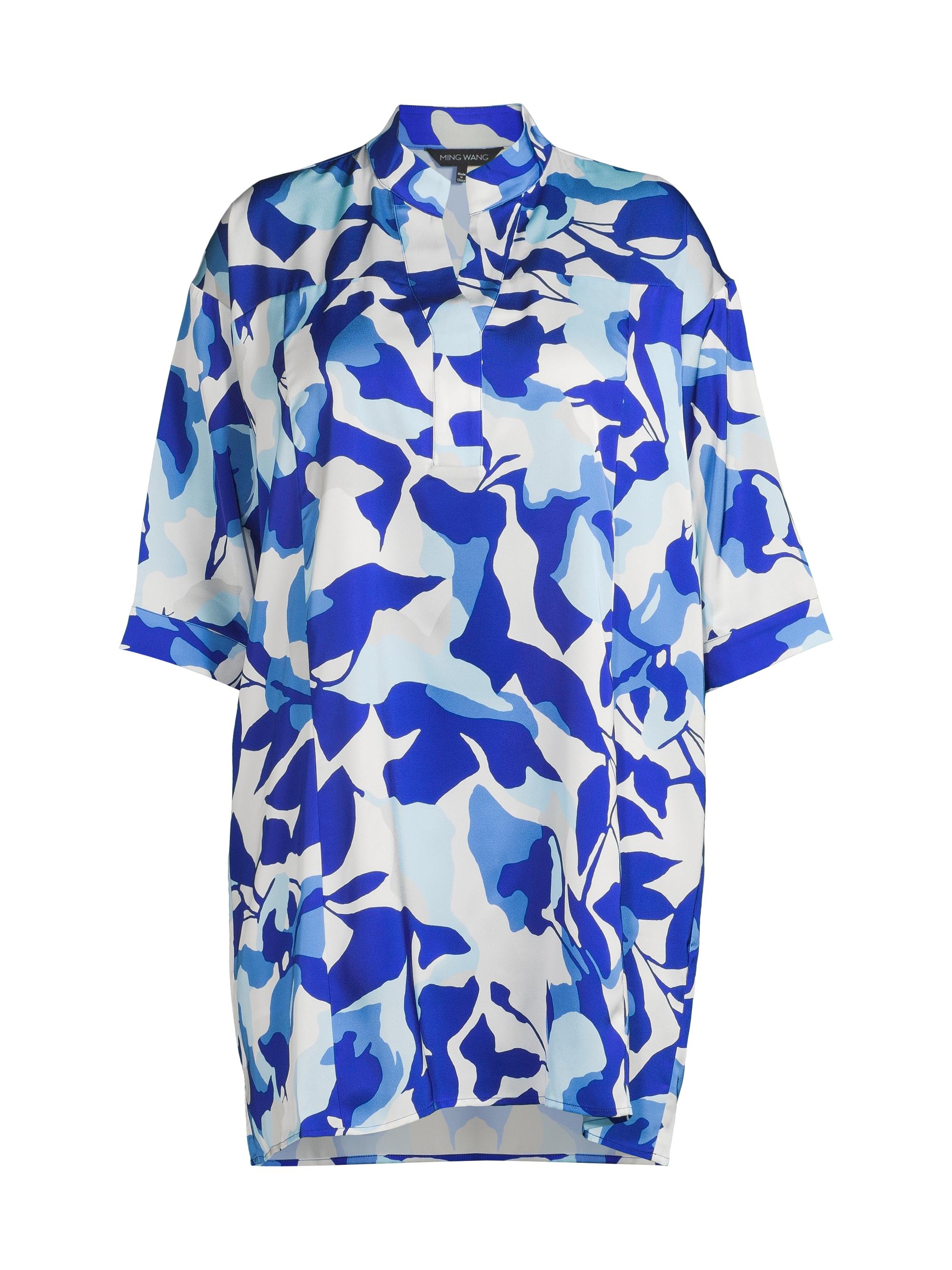 Ming Wang Women's Plus Floral Crêpe De Chine Midi-Shirtdress - Sapphire Sea Dawn Lunar Rock