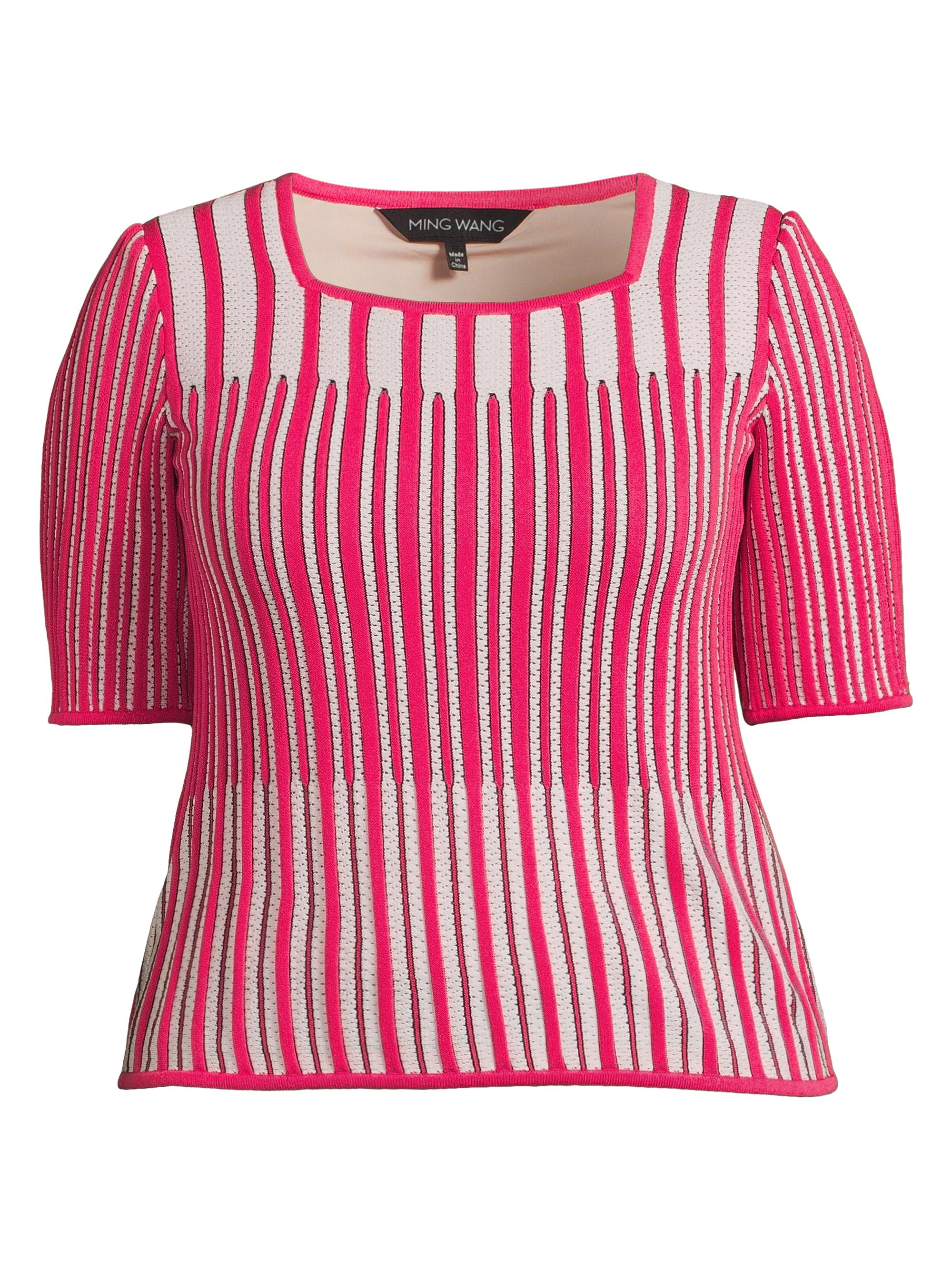 Ming Wang Women's Plus Striped Rib-Knit Top - Vibrant Fuschia Rosy Blush