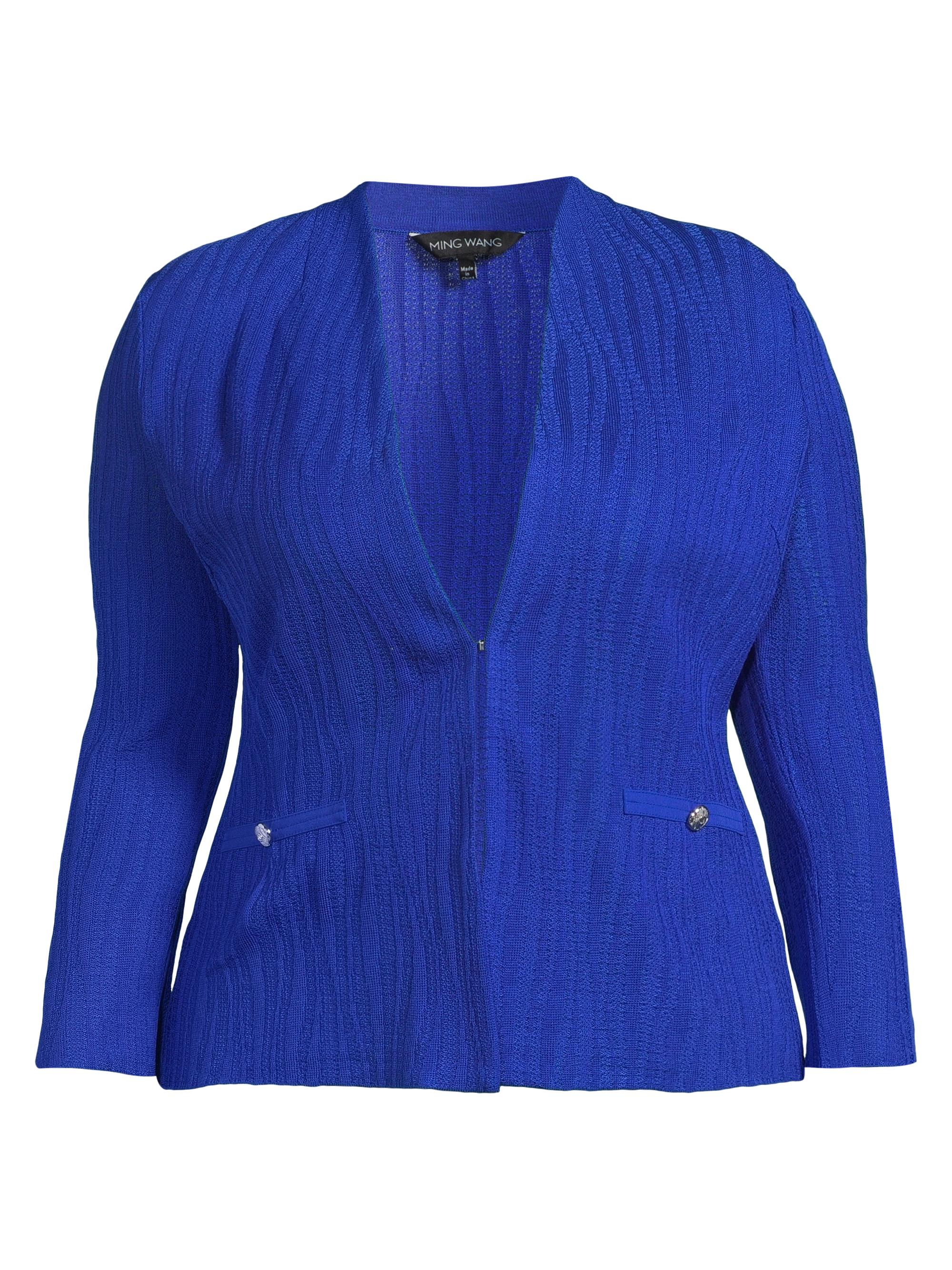 Ming Wang Women's Plus Wave-Knit V-Neck Jacket - Sapphire Sea