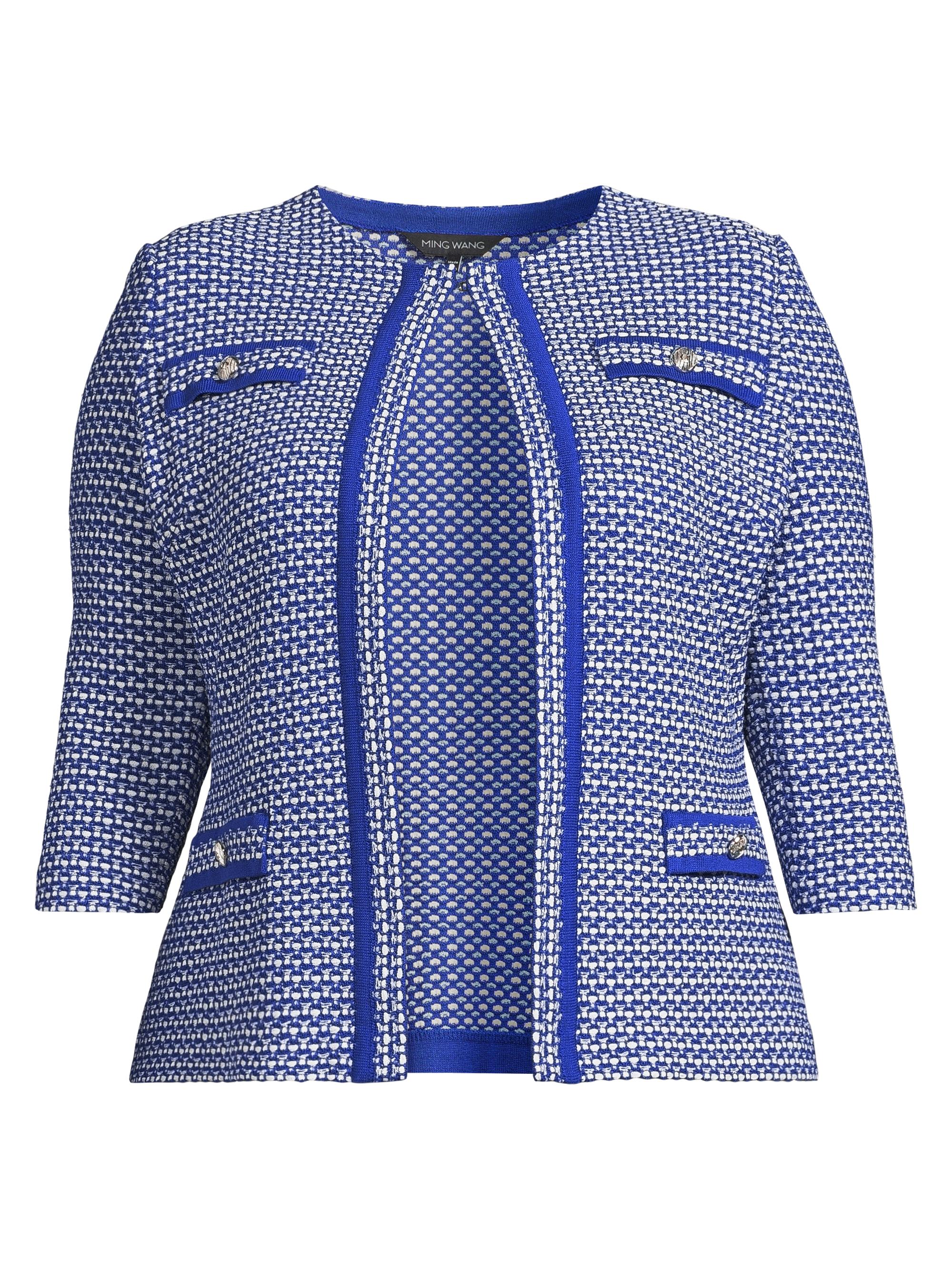 Ming Wang Women's Plus Tailored Honeycomb Tweed Knit Jacket - Sapphire Sea Dawn