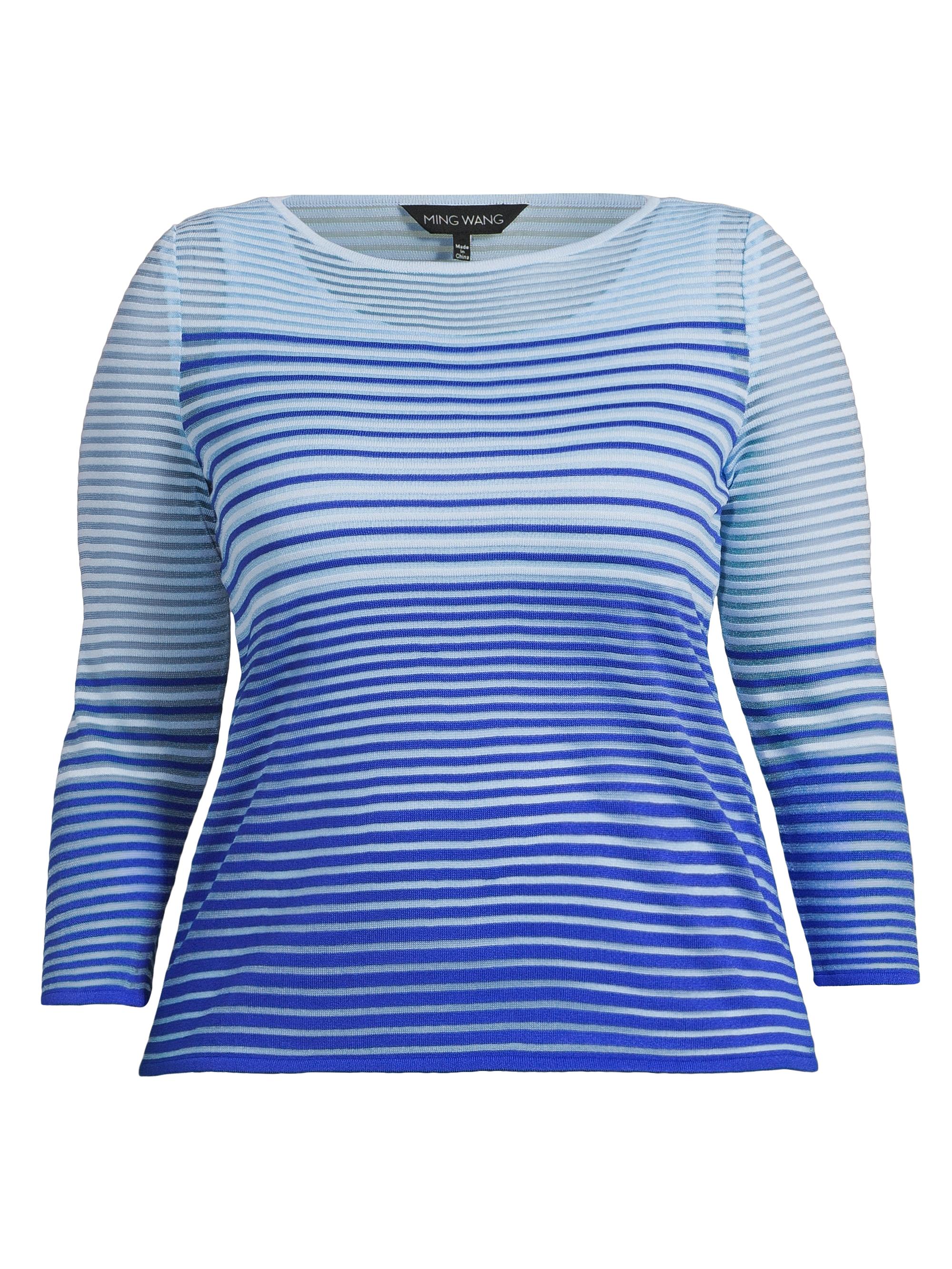 Ming Wang Women's Plus Striped Sheer Boatneck Tunic Top - Sapphire Sea Dawn
