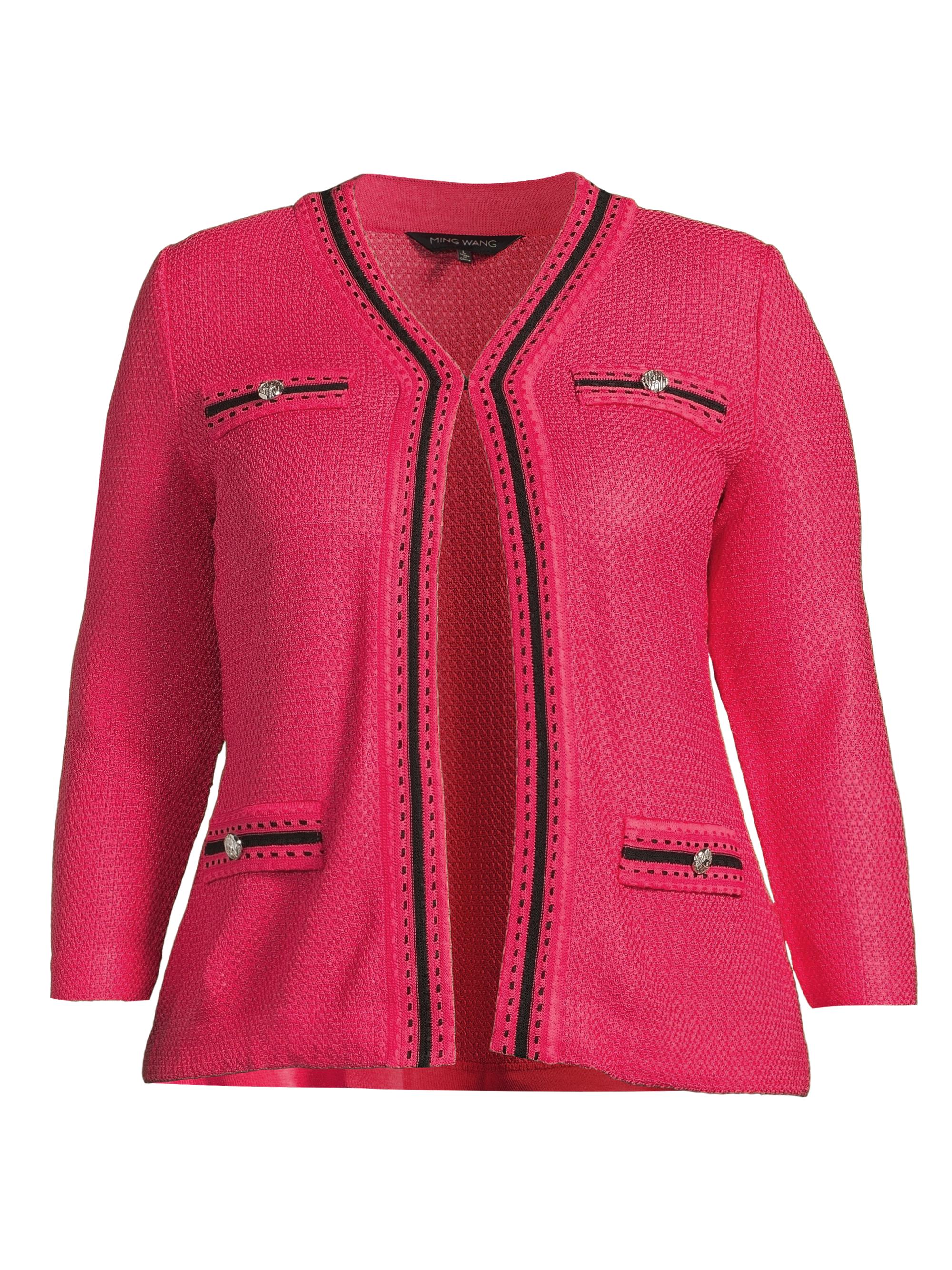 Ming Wang Women's Plus Contrast Knit V-Neck Jacket - Vibrant Fuschia Black