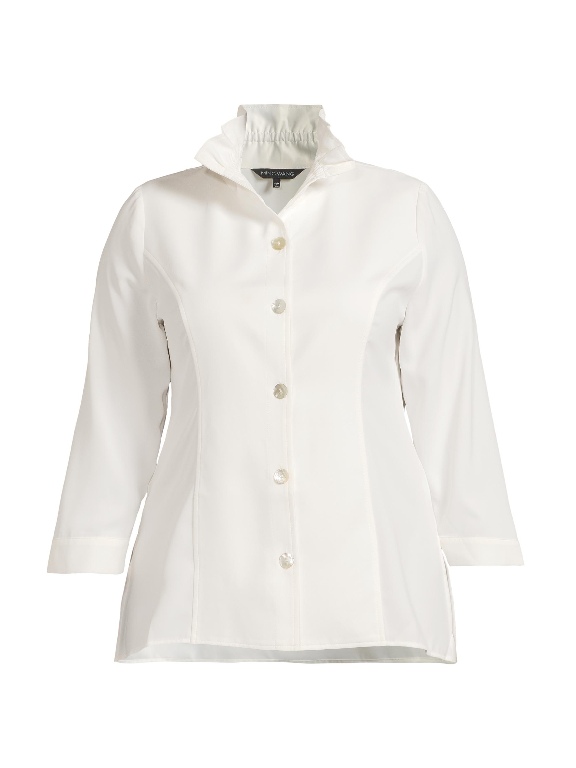 Ming Wang Women's Plus Size Ruffle-Trimmed Button-Up Crepe De Chine Blouse - White