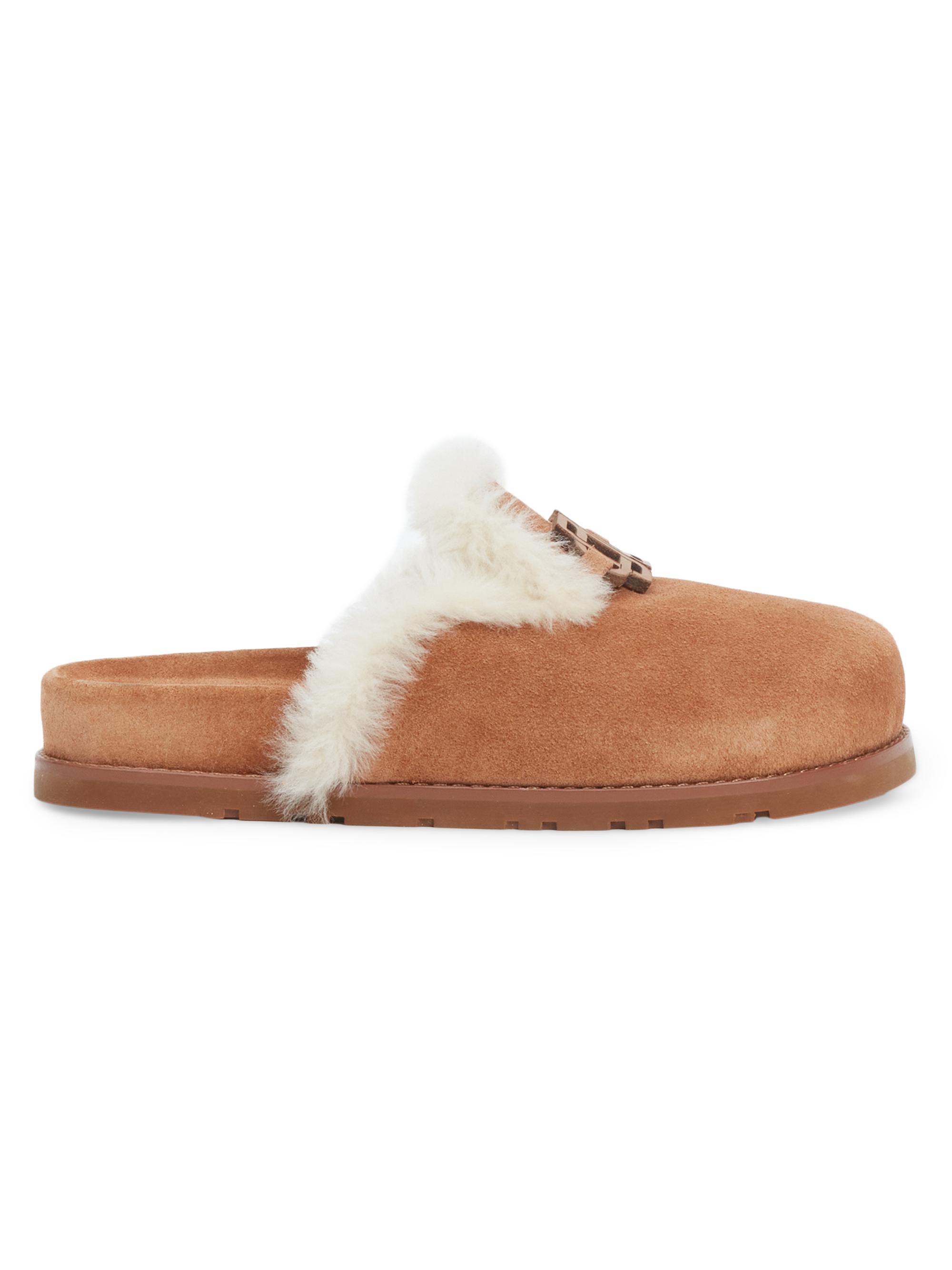 SIMKHAI Women's Mila Shearling-Trimmed Suede Slippers - Chestnut