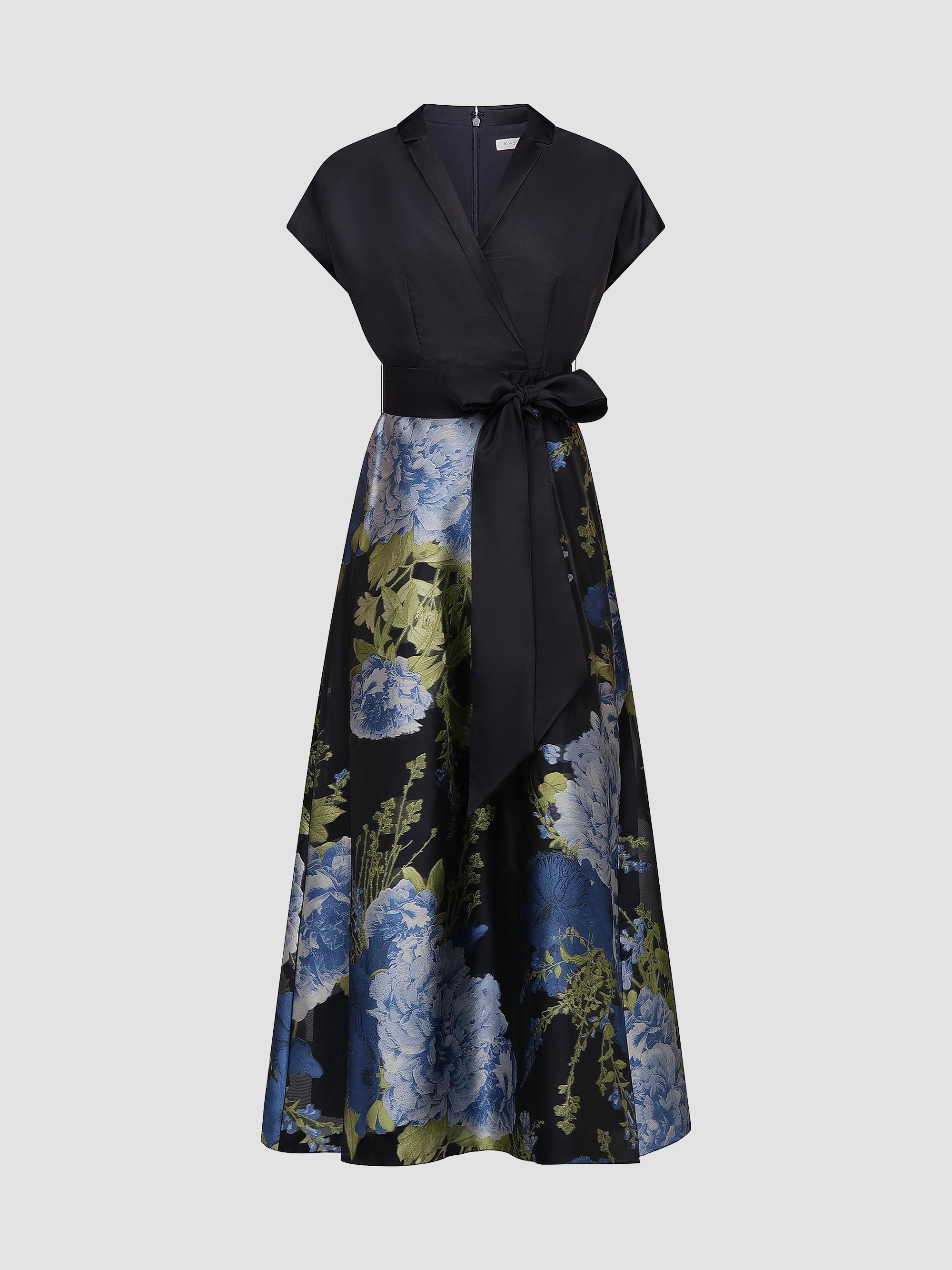 monet jacquard midi dress KAY UNGER Blue Red Tallulah Monet Jacquard Textured Tea Length Midi Dress 2  = XS