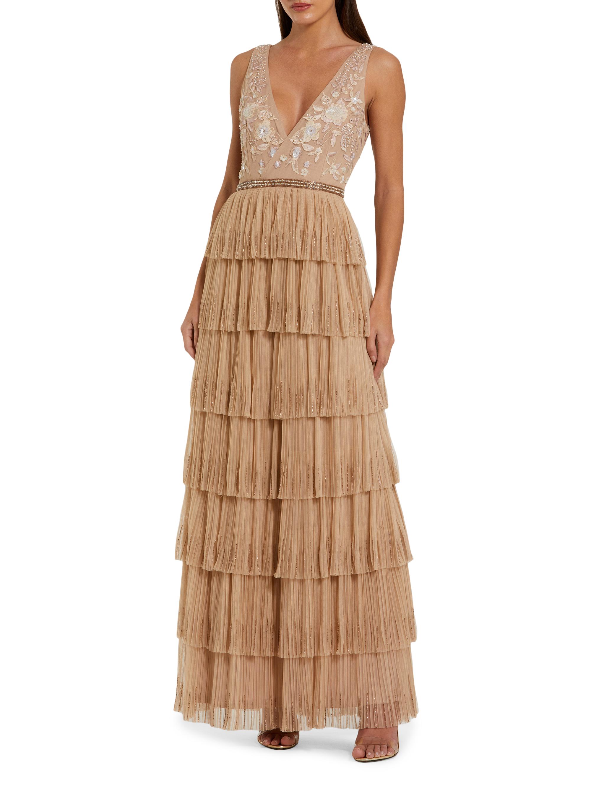Mac Duggal Women's Embellished Tulle Tiered V-Neck Gown - Beige