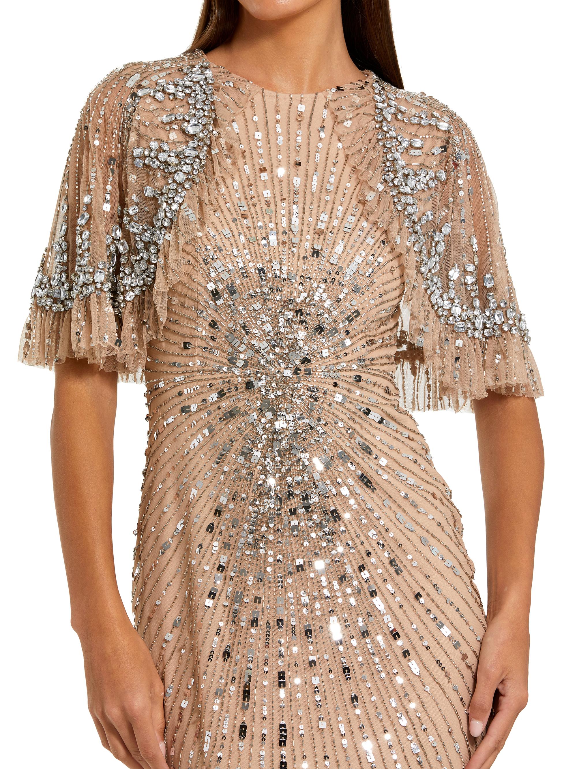 Beige Embellished Ruffled Couture Gown