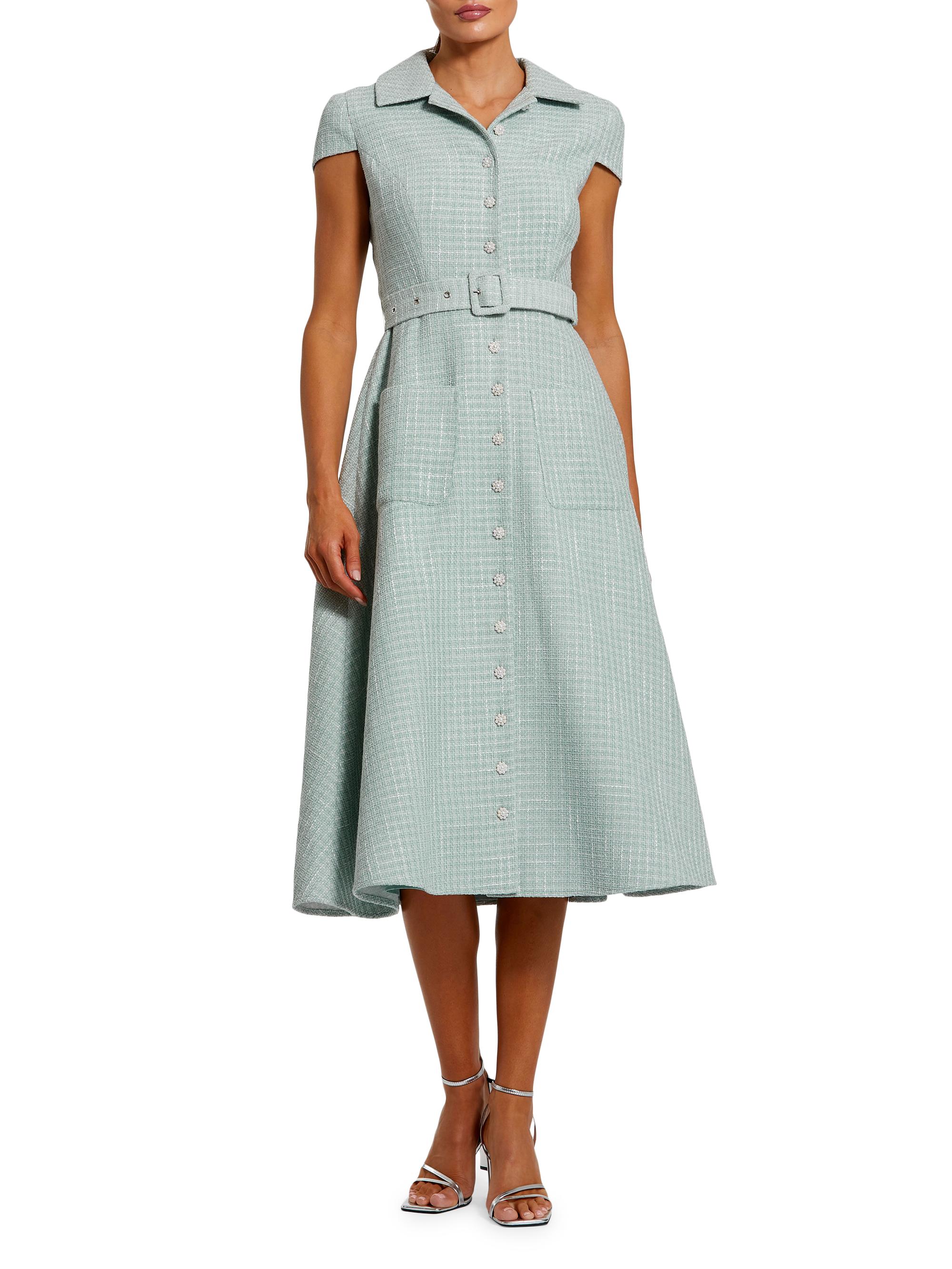 Mac Duggal Women's Tweed Belted Midi-Shirtdress - Seafoam