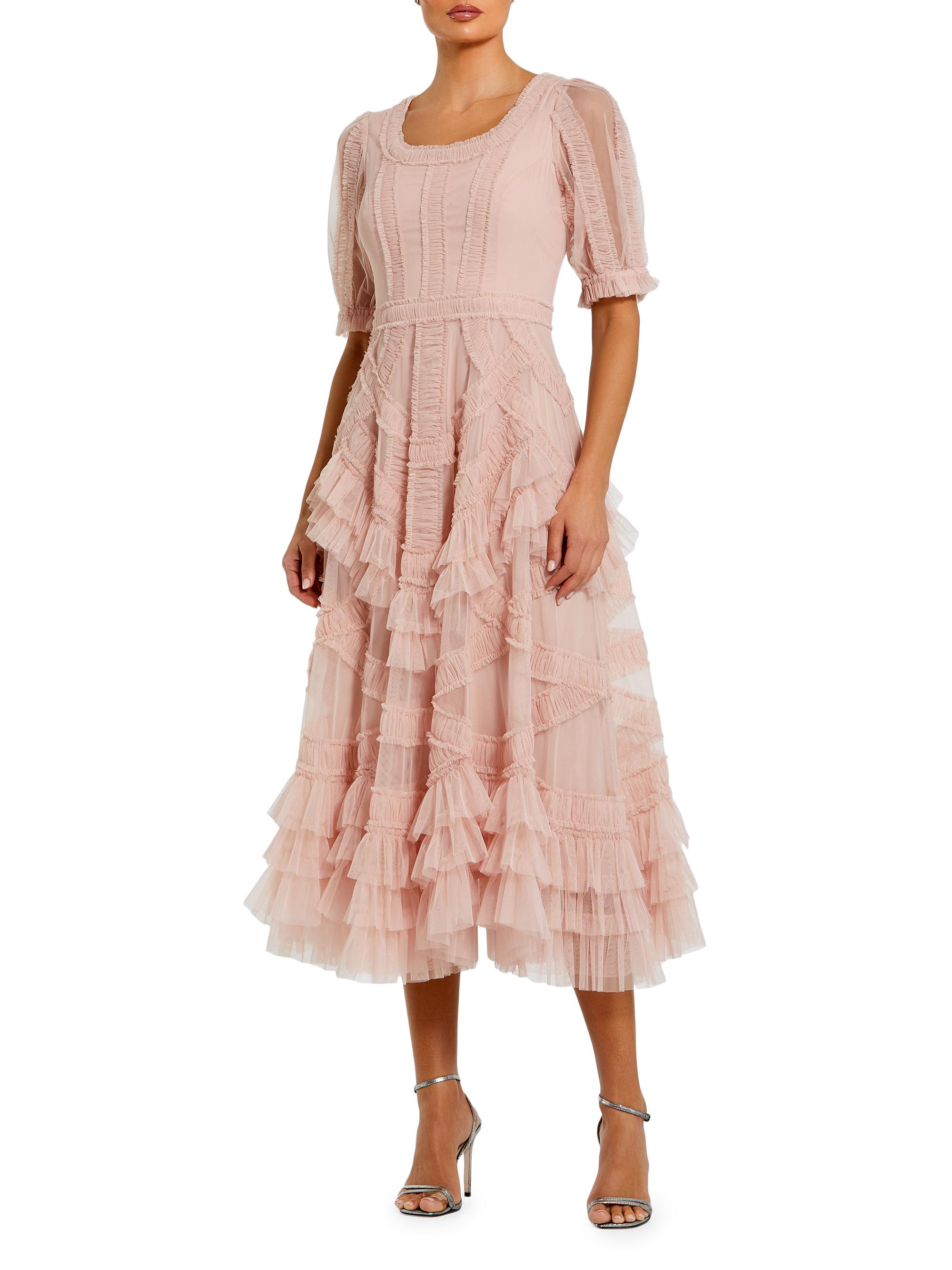 Mesh Ruffled Scoopneck Midi-Dress