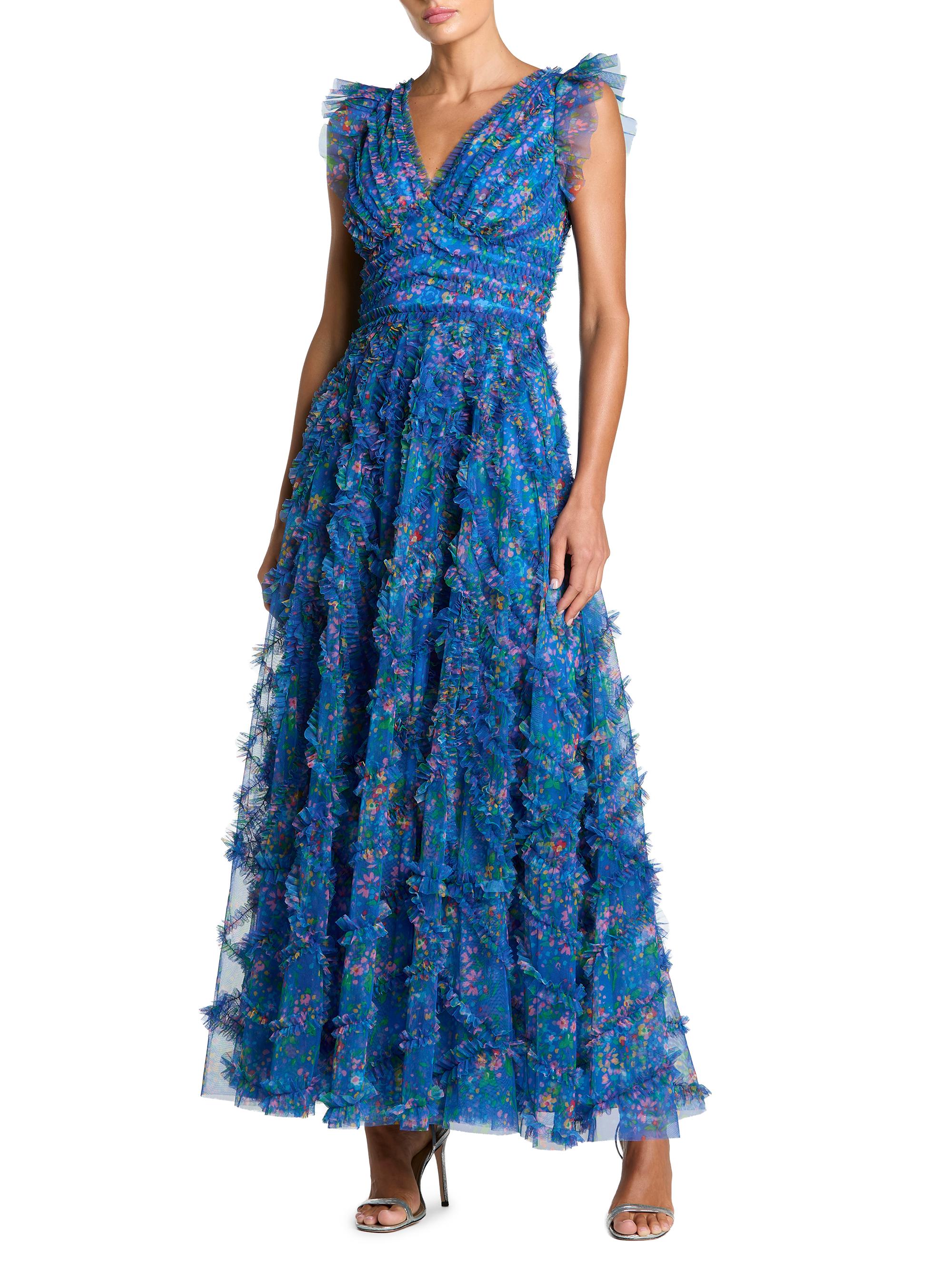 mac duggal floral-strap tiered ruffled pleated satin maxi dress Mac Duggal Floral-Strap Tiered Ruffled Pleated Satin Maxi Dress In Rose