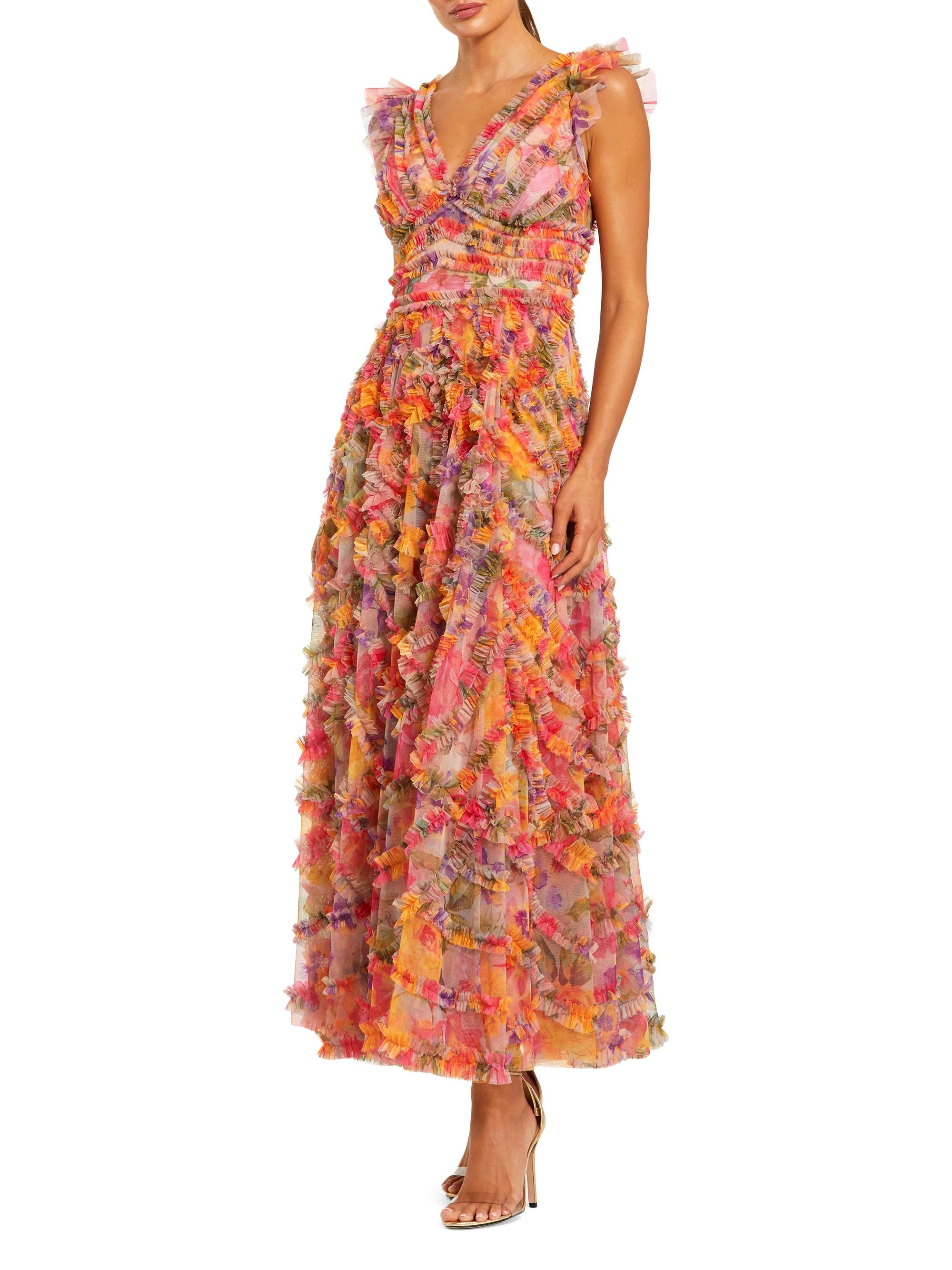 Mac Duggal Women's Floral Mesh Ruffled V-Neck Maxi Dress