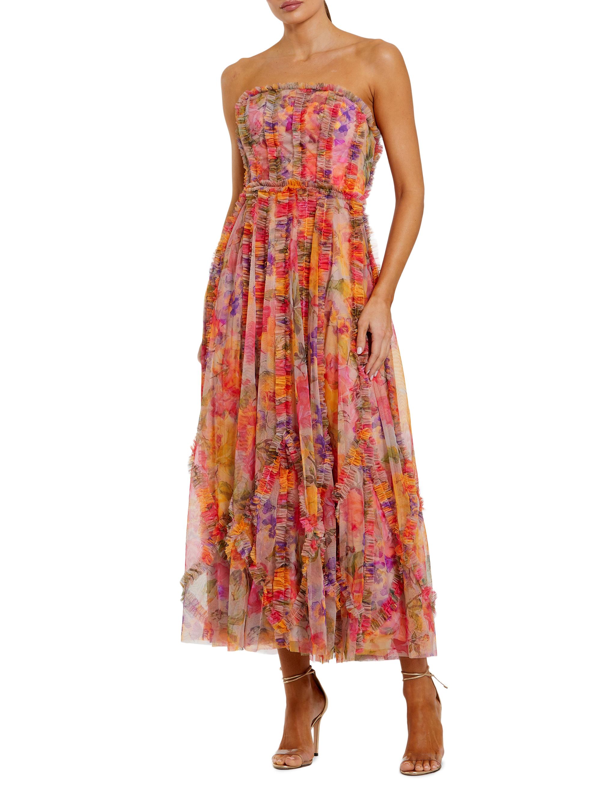 Mac Duggal Women's Floral Mesh Ruffled Strapless Gown