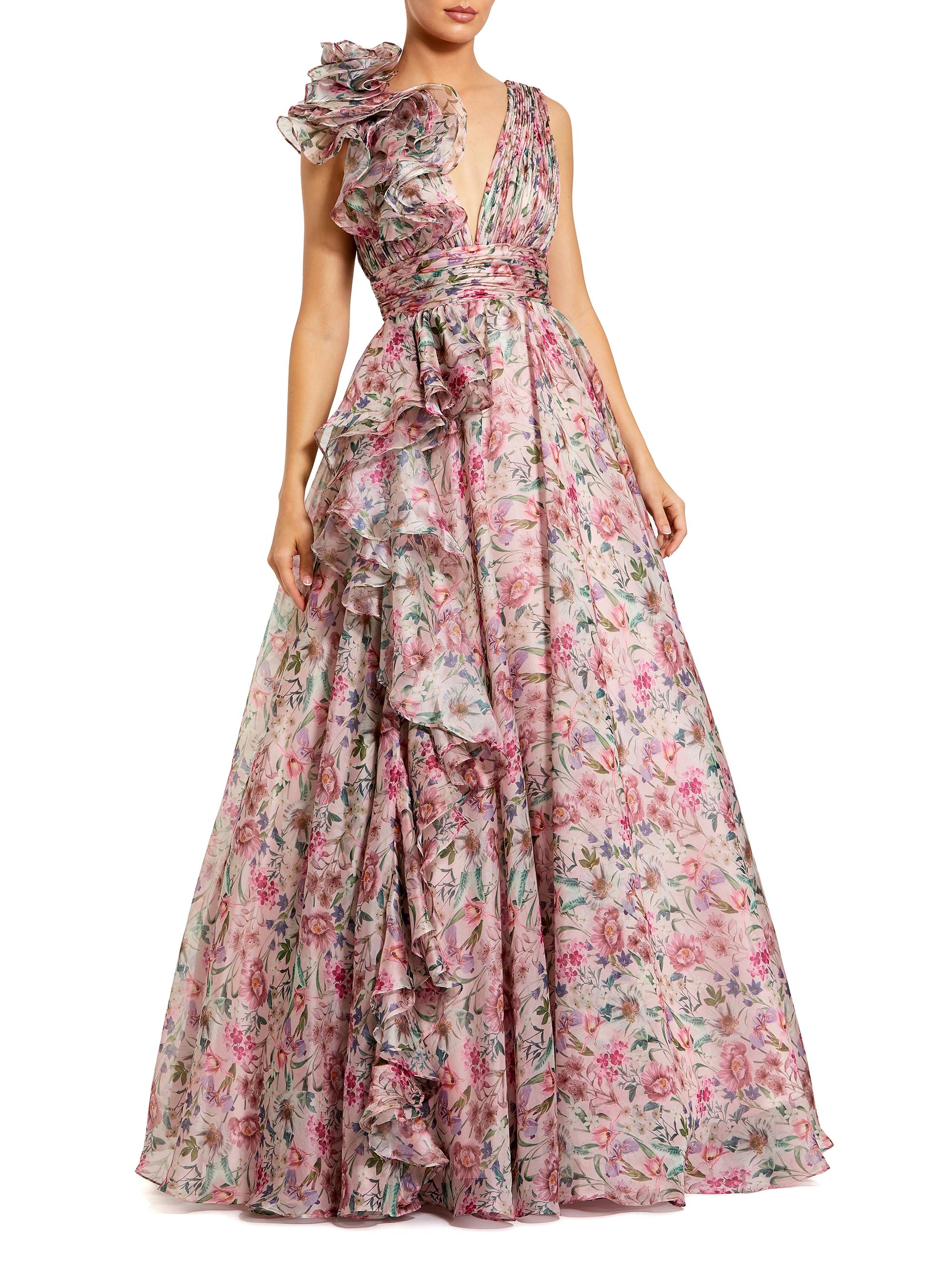 Mac Duggal Women's Floral Chiffon Ruffled V-Neck Gown - Pink Multi