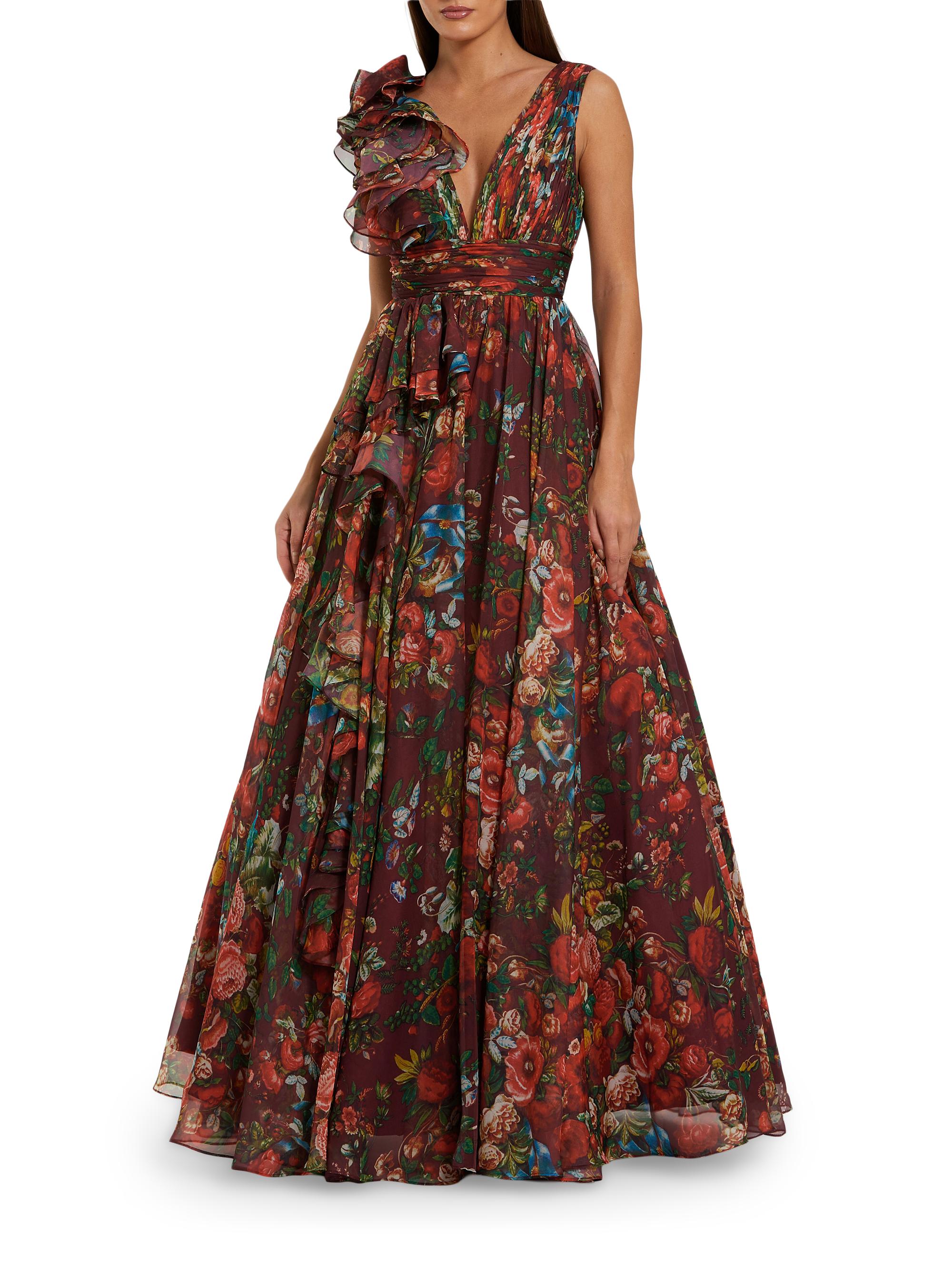 open lace back dress Multicolor One Shoulder Brocade Floral Gown With Bow main image 0