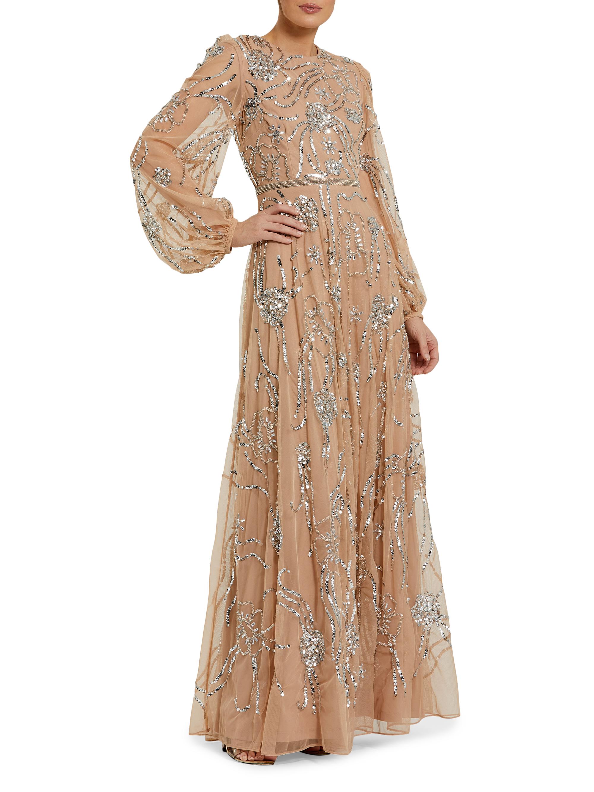 Mac Duggal Women's Embellished Mesh Balloon-Sleeve Gown - Beige Silver