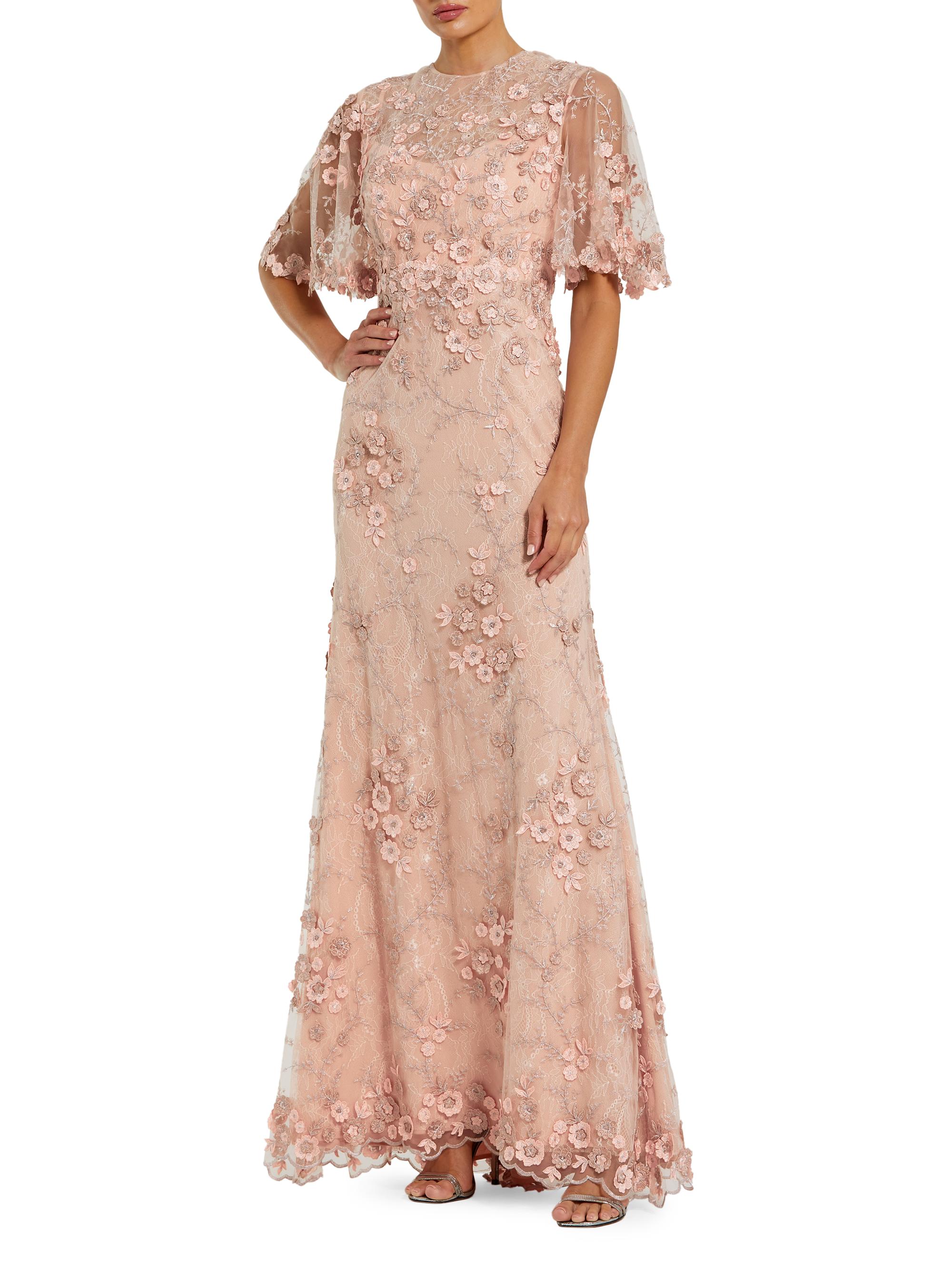 Embellished Lace Flutter-Sleeve Gown