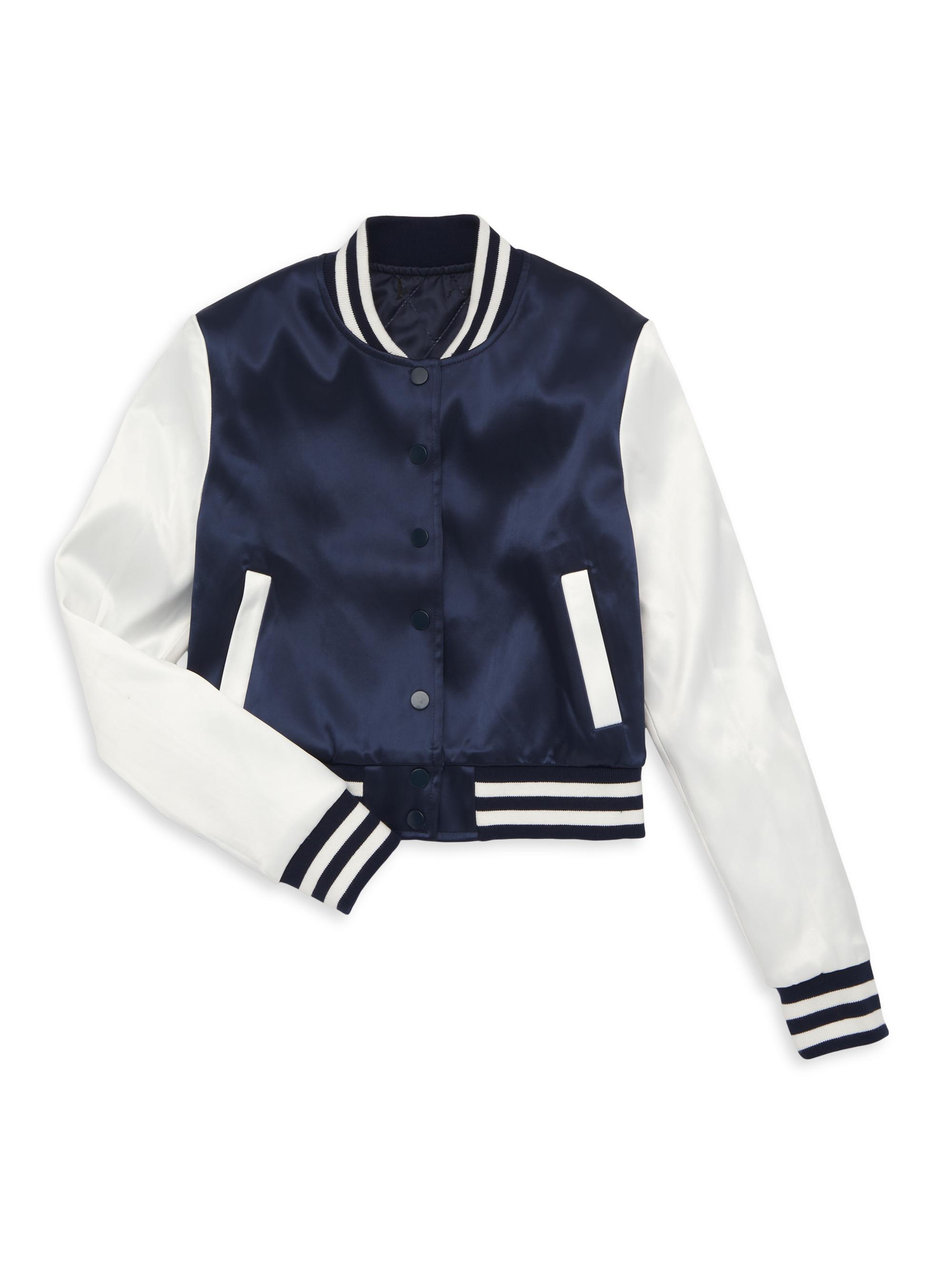 Theme Girl's Valley Satin Varsity Jacket - Navy White