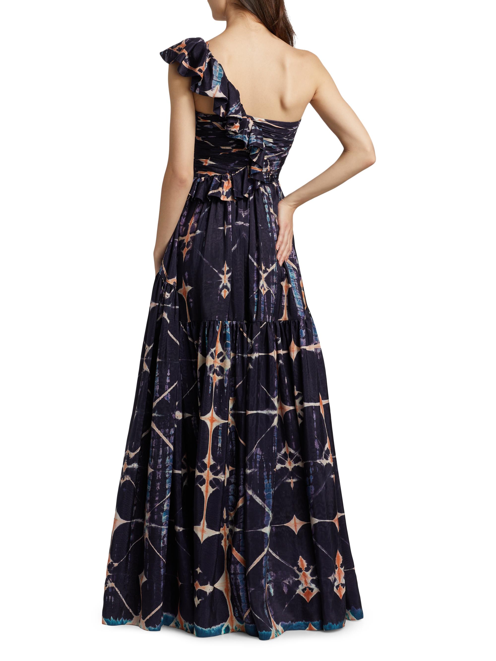 Ulla Johnson | Women's Valeria One Shoulder Wedding Guest Gown in Black Silk Gown with Ruffle - Size 8