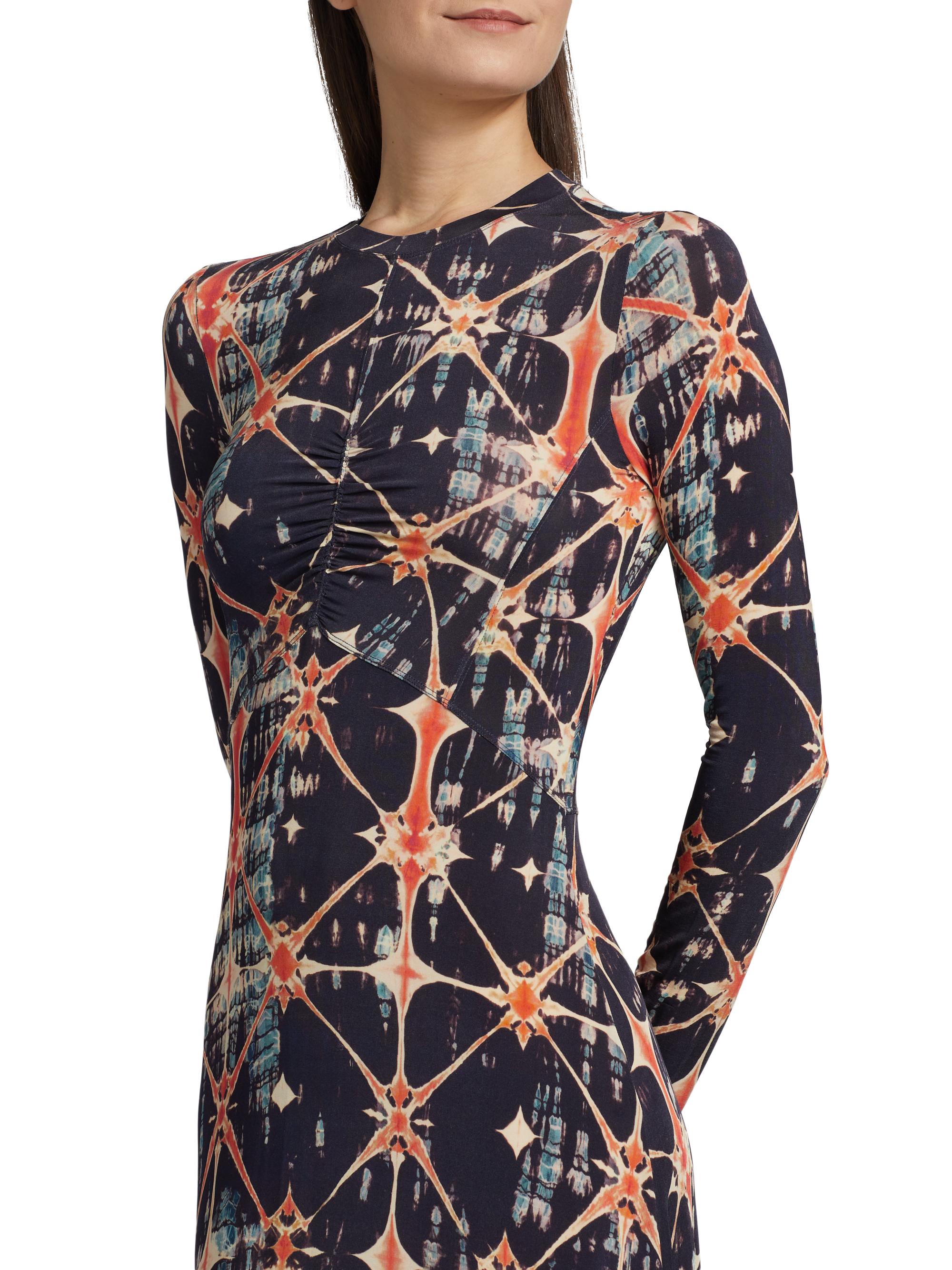 Ulla Johnson | Women's Naia Long Sleeve Ruched Long Wedding Guest Dress in Black/Orange Size Large