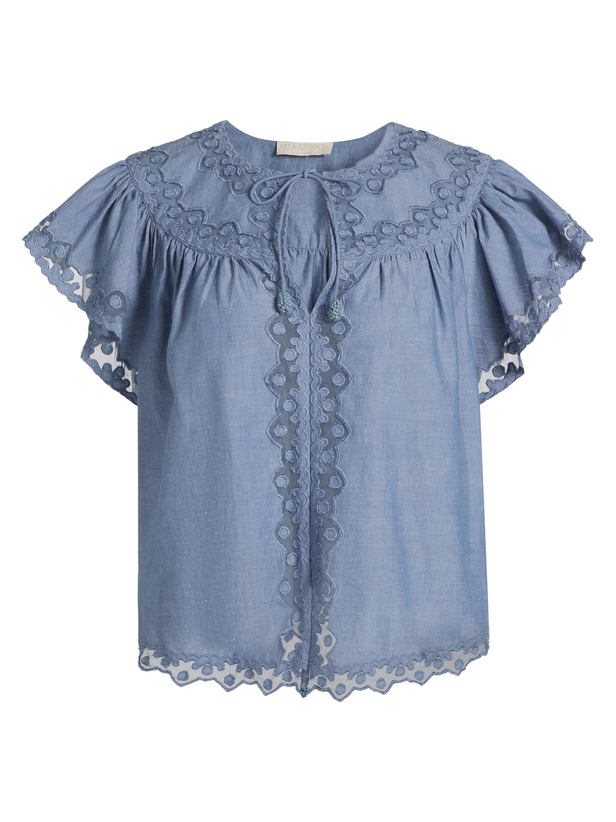 Ulla Johnson Women's Effie Lace-Trim Cotton Flutter-Sleeve Top - Chambray