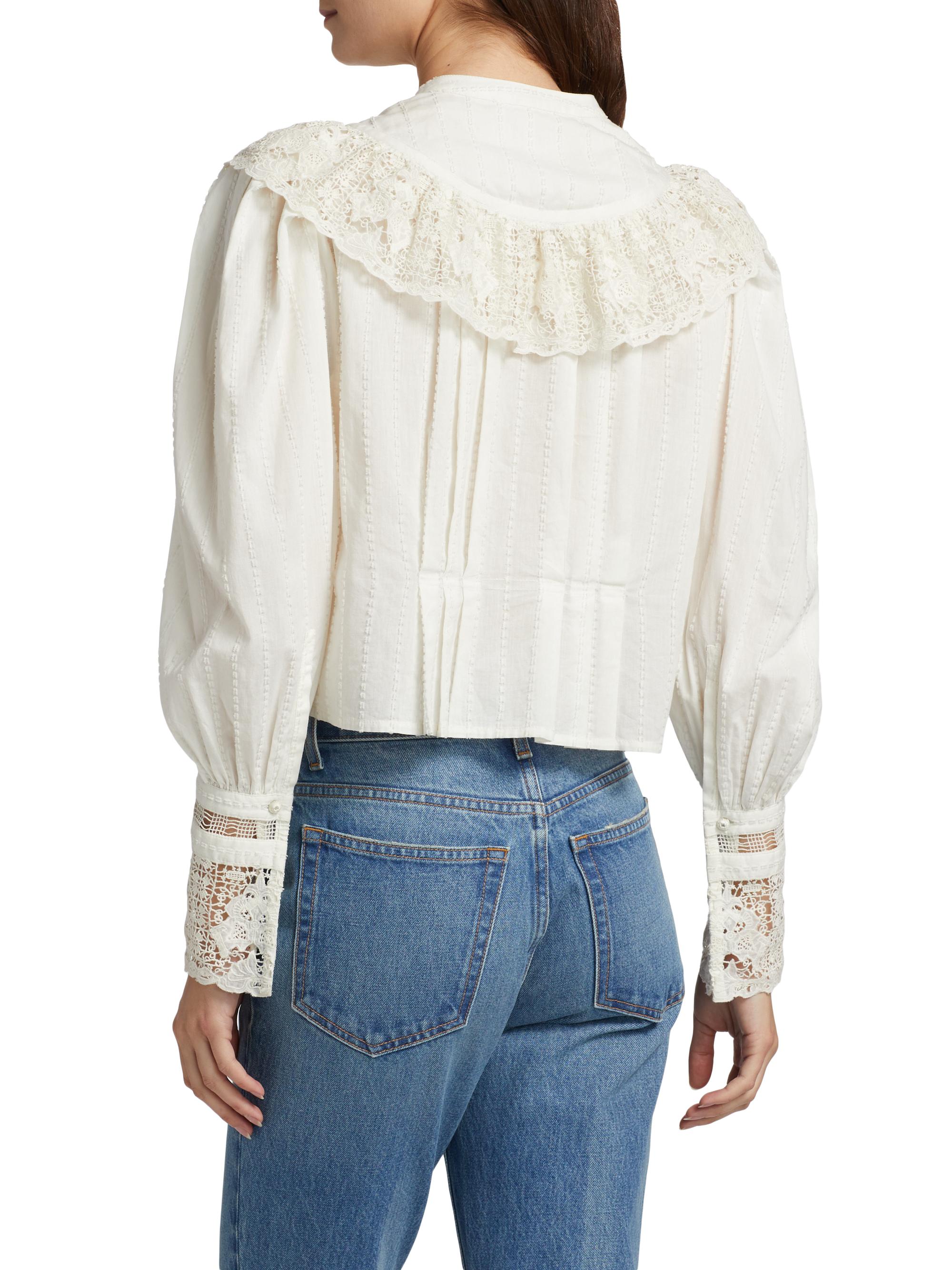 Ulla Johnson Esther Pleated Lace-Trim Cotton Blouse | Saks Fifth