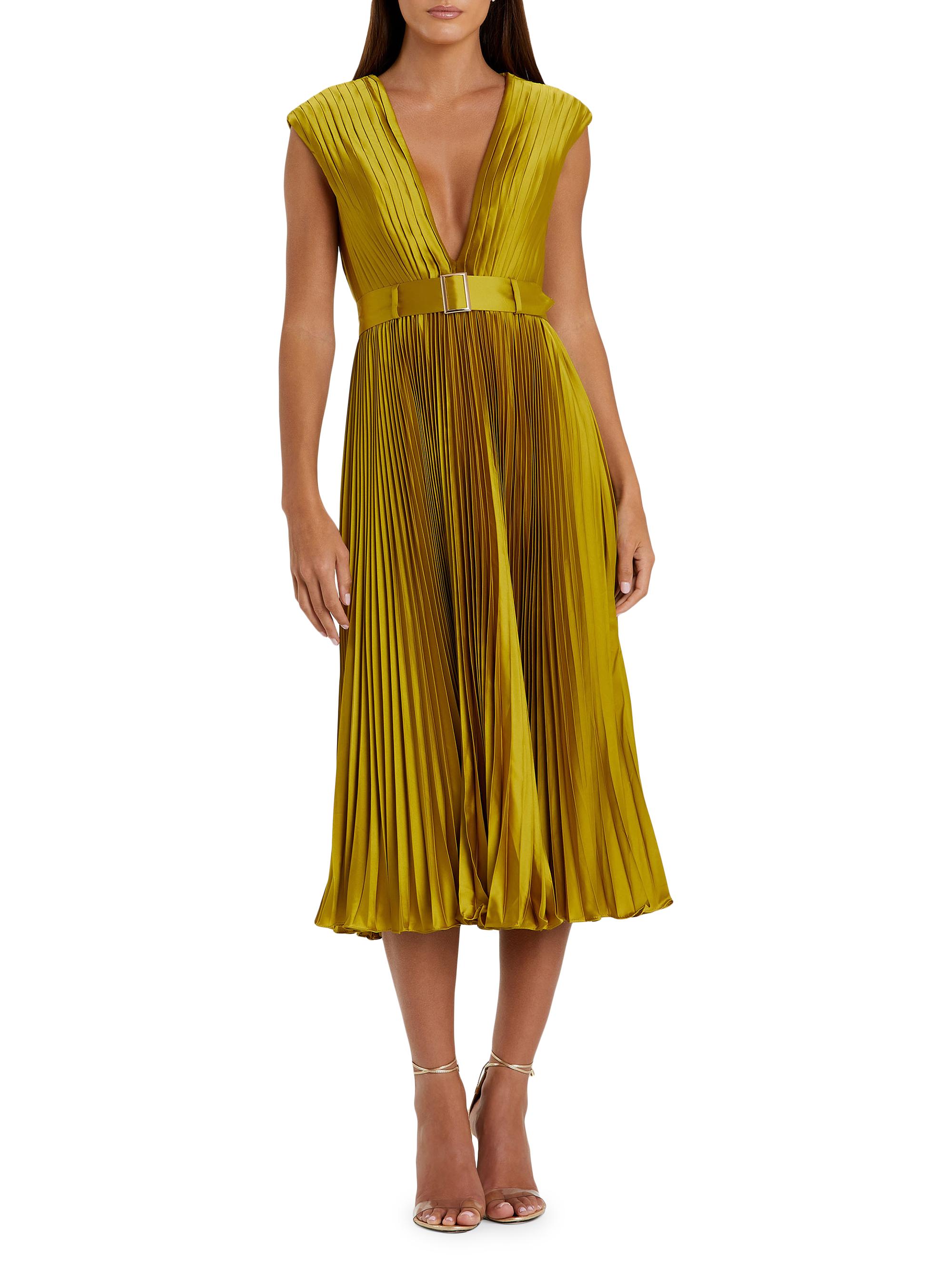 Mac Duggal Women's Ieena 2 Pleated Satin Belted Midi-Dress - Chartreuse