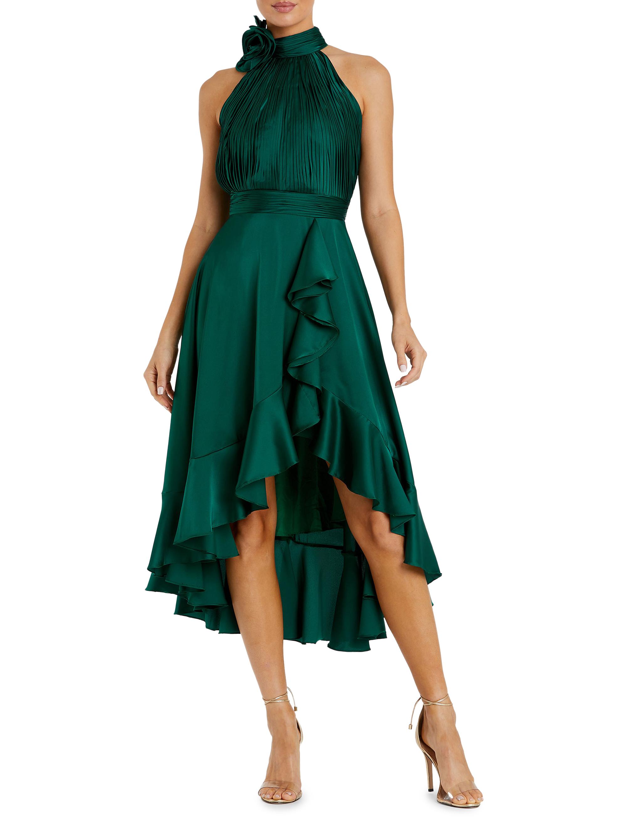 Mac Duggal Women's Cocktail Satin Rosette-Detailed Halterneck Dress - Emerald
