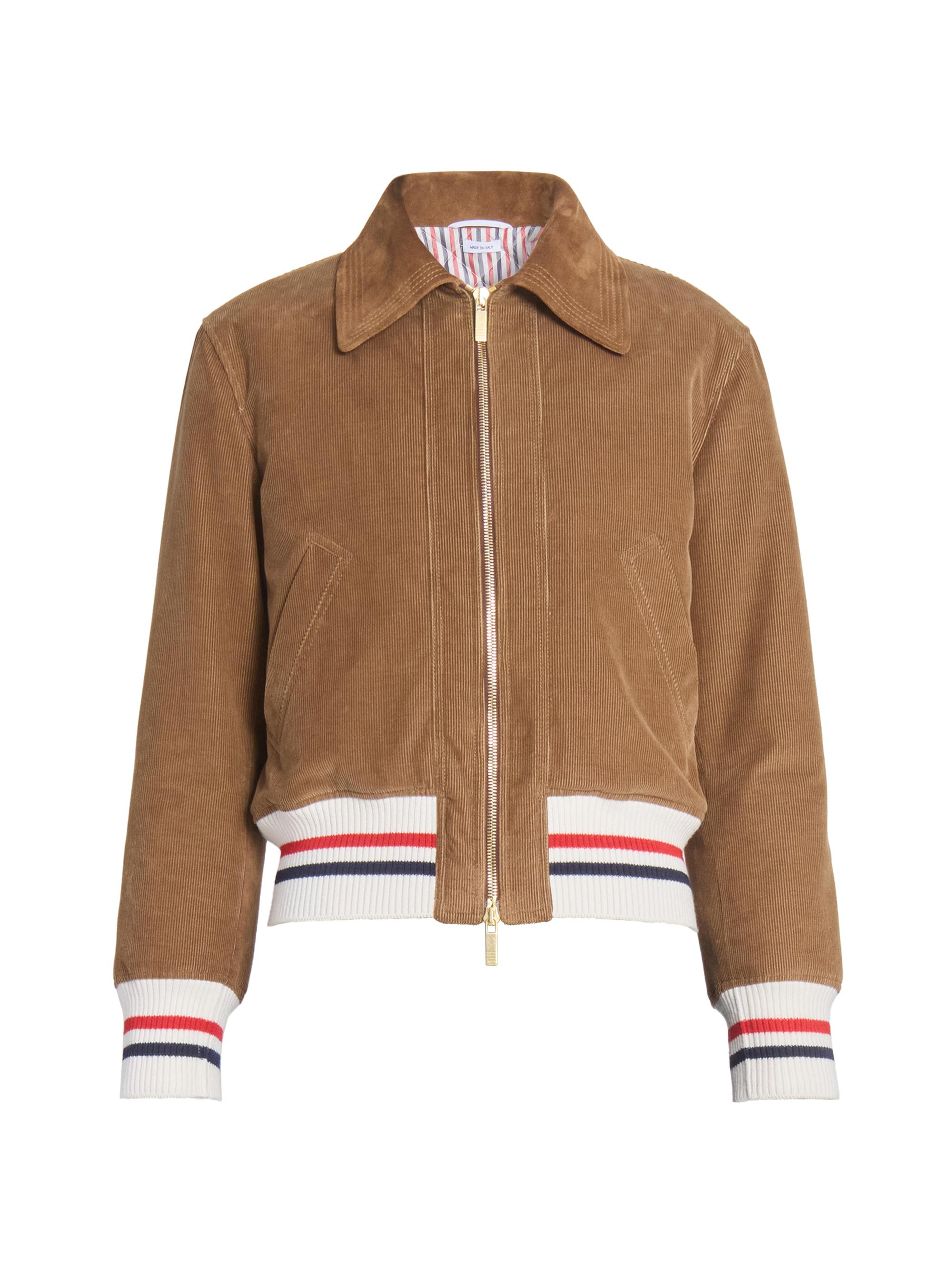 Thom Browne Women's Contrast-Striped Hem Corduroy Crop Jacket - Brown