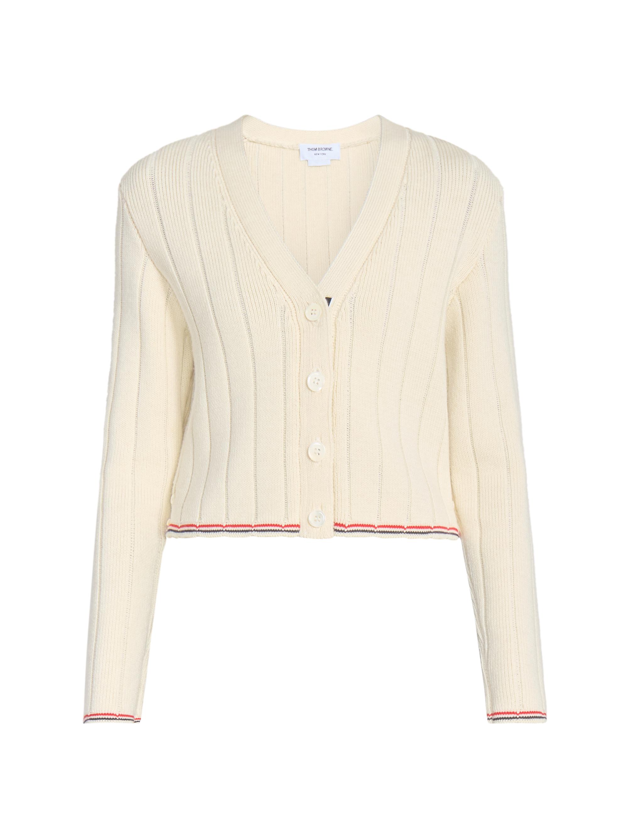 Thom Browne Women's Ladder-Stitch V-Neck Wool Cardigan - White