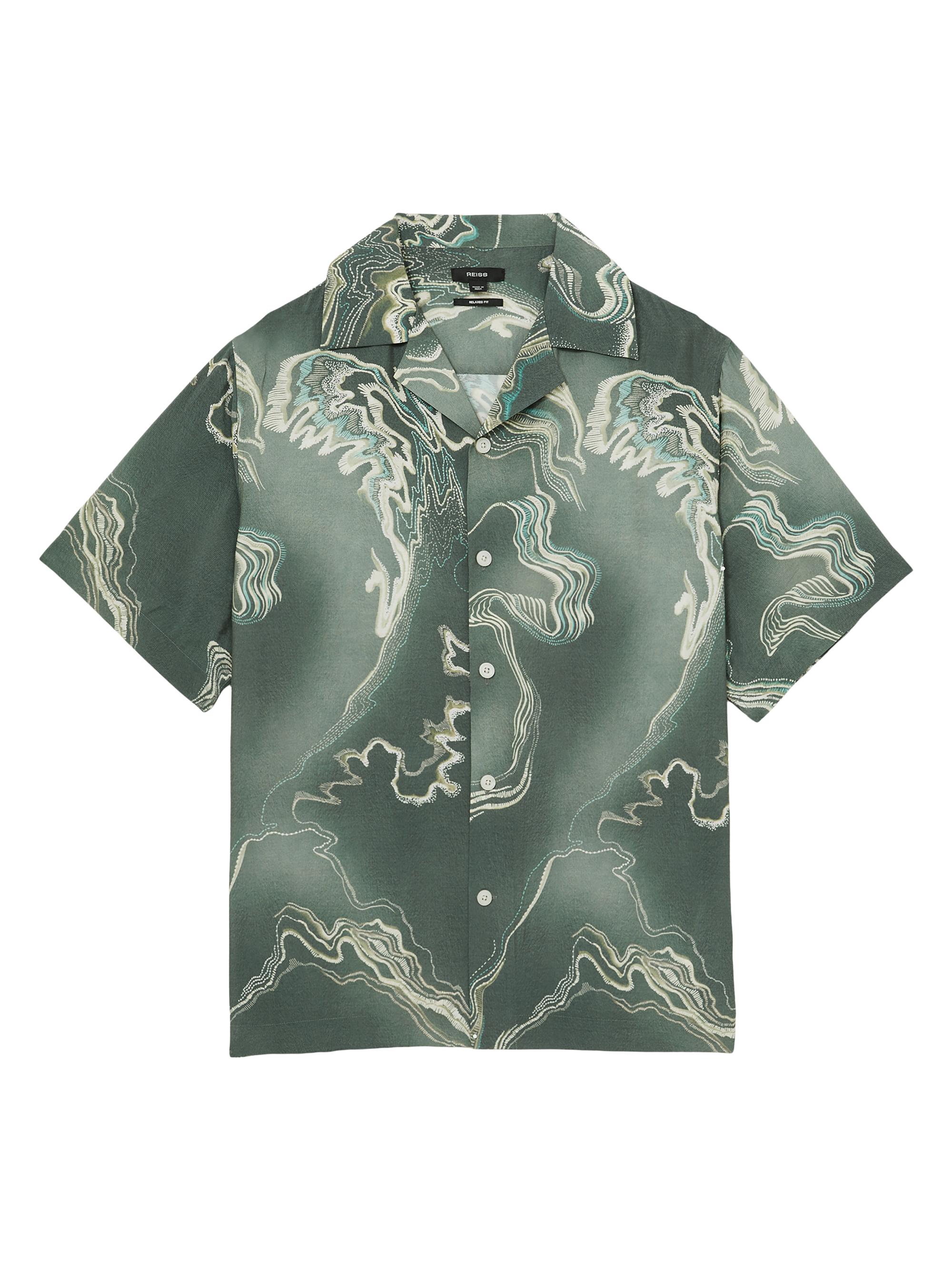 Reiss Men's Marble Printed Camp Shirt - Sage Green