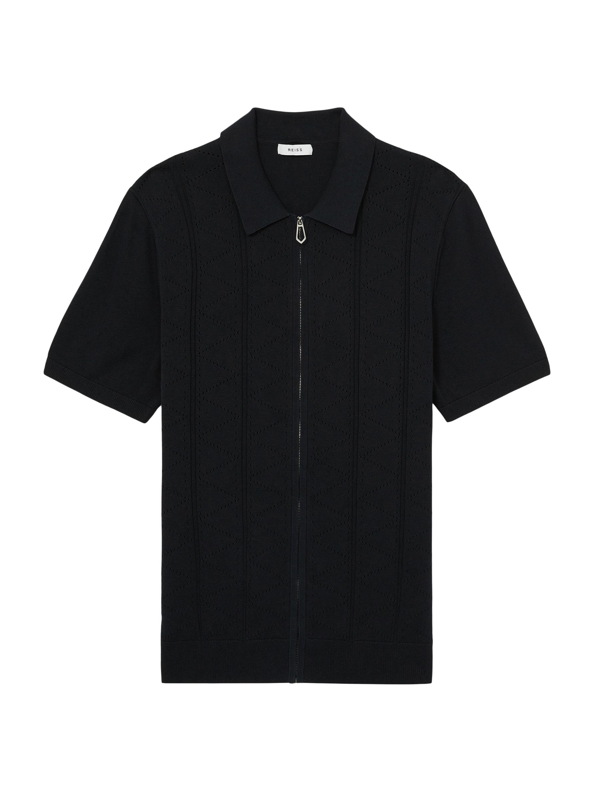 Reiss Men's Pointelle-Knit Zip-Front Shirt - Navy