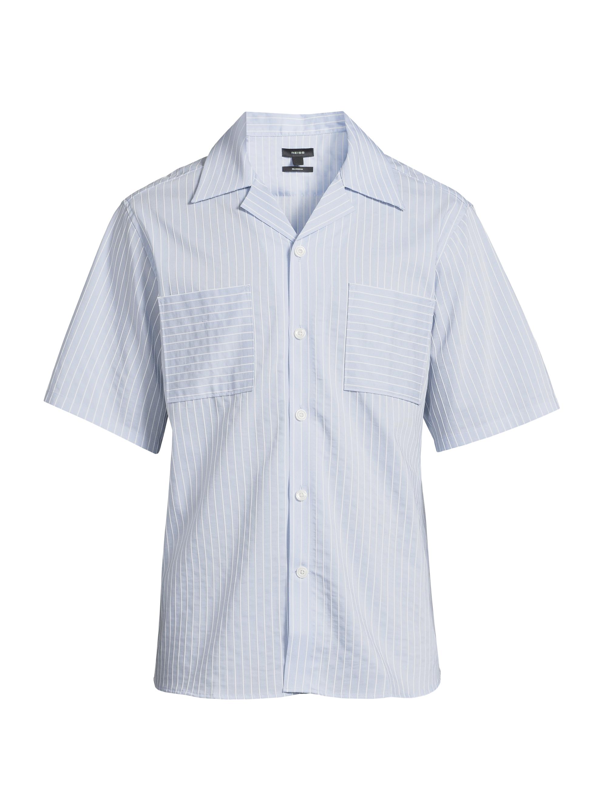 Reiss Men's Stripe Twin Pocket Camp Shirt - Soft Blue White