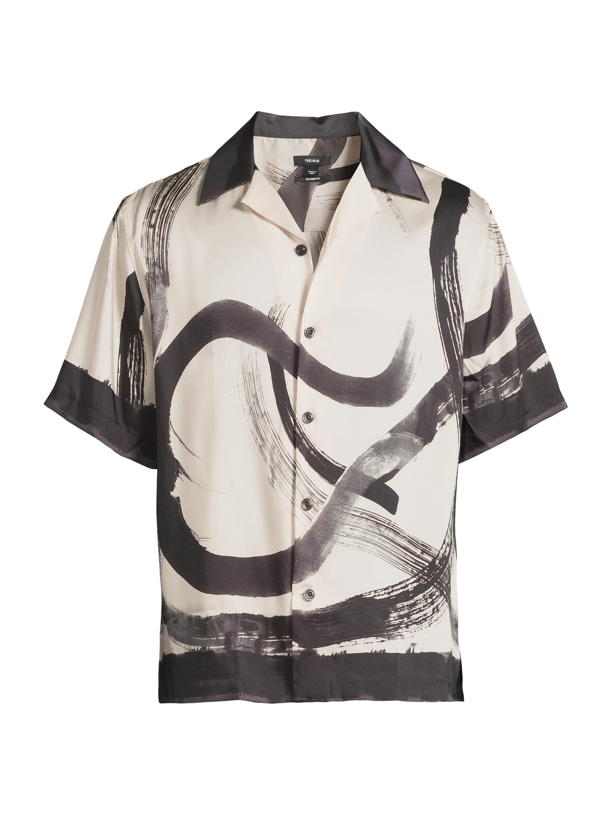 Reiss Men's Oversized Brush Stroke Camp Shirt - Charcoal Grey Off White