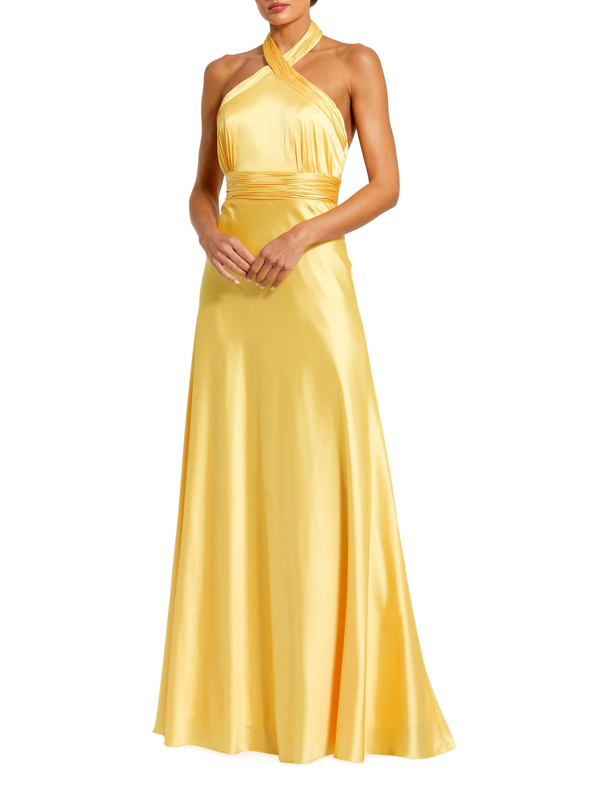 Mac Duggal Women's Halter Neck Tie-Back Ruched Satin Gown - Lemon