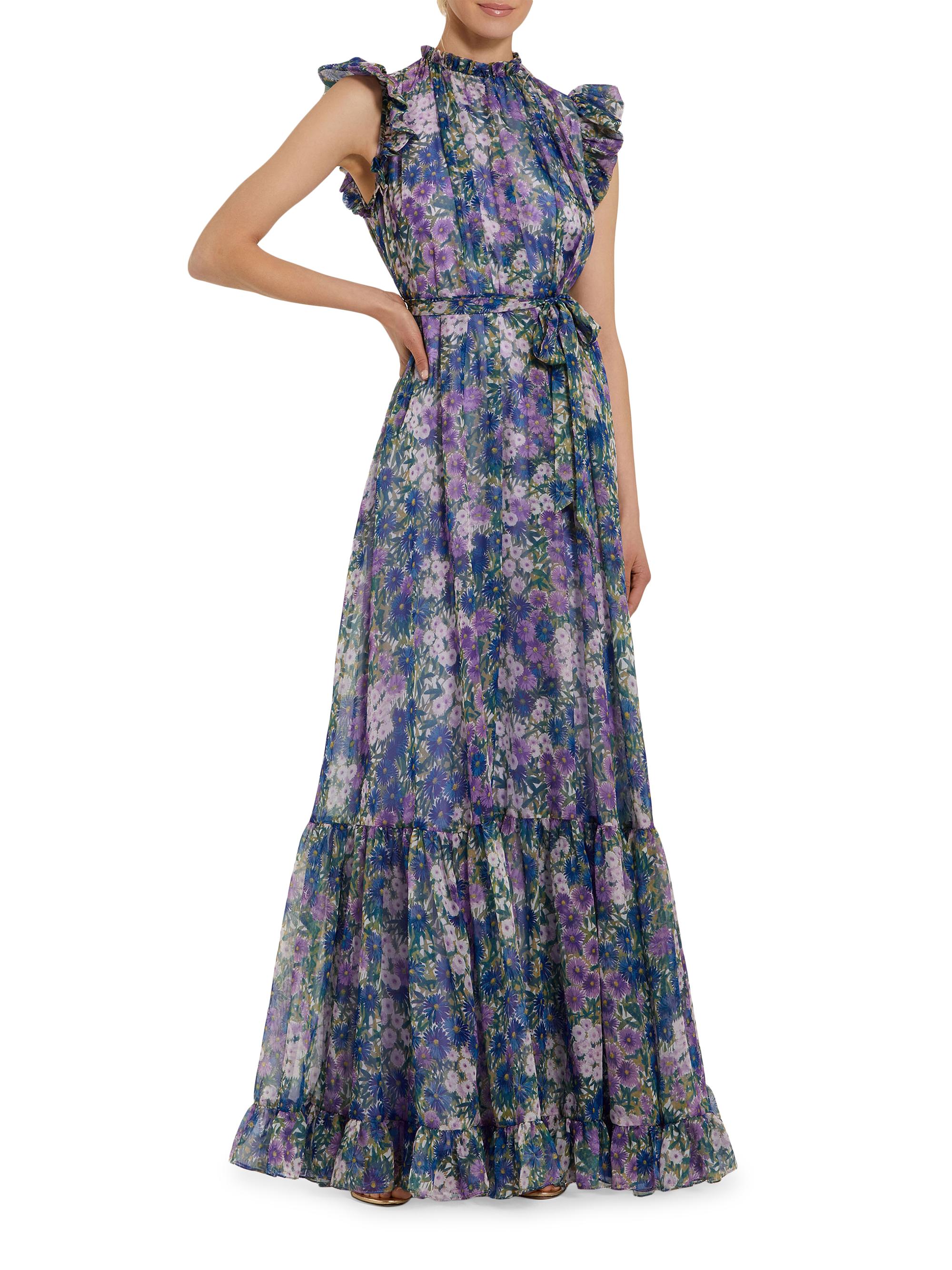 Mac Duggal Women's Ieena Floral Print Chiffon Ruffle Gown - Lilac Multi