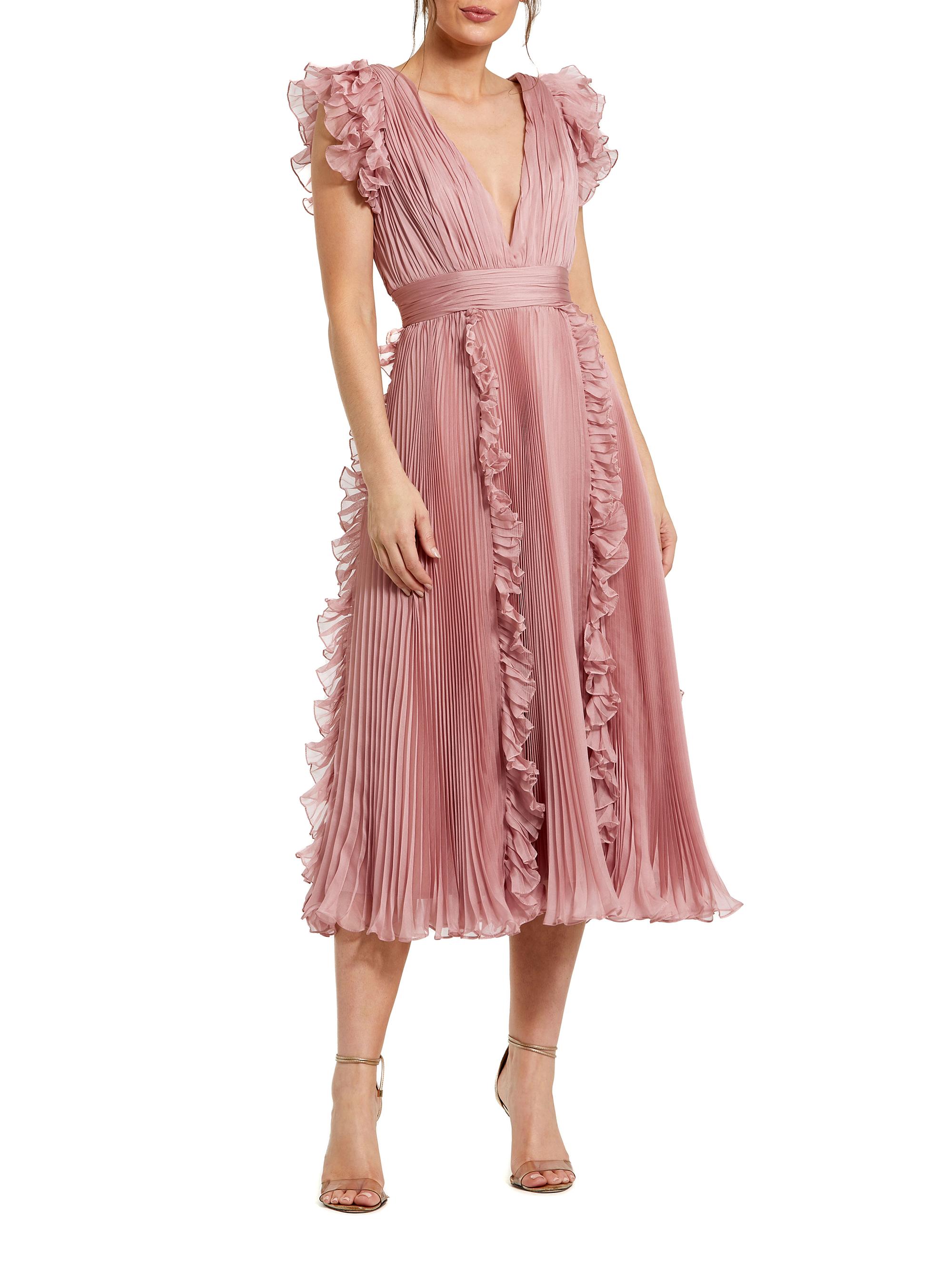 Mac Duggal Women's V-Neck Pleated Chiffon Ruffle Midi-Dress - Rose