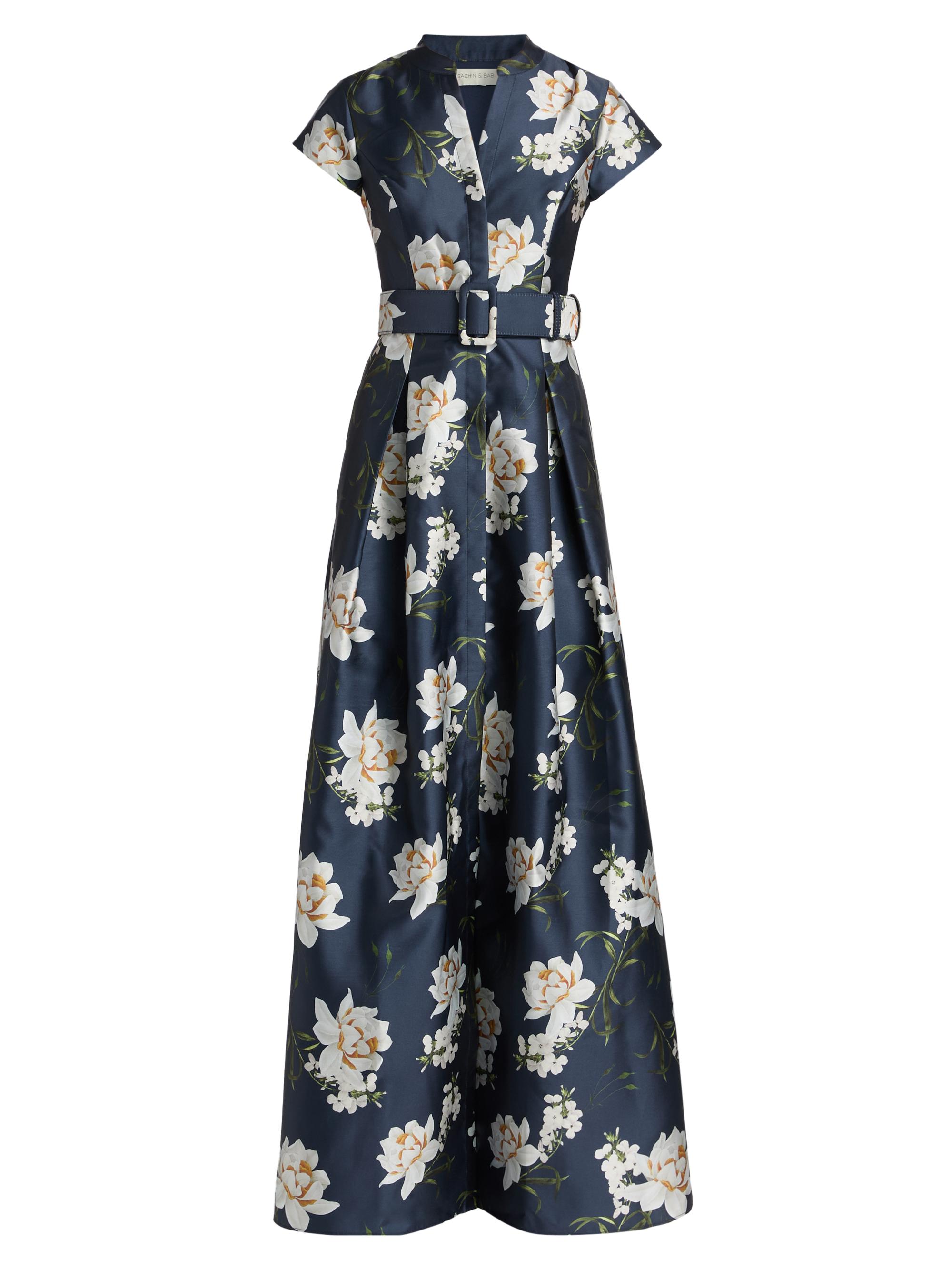 Sachin & Babi Women's Marta Floral Satin Belted Gown - Navy Narcissus