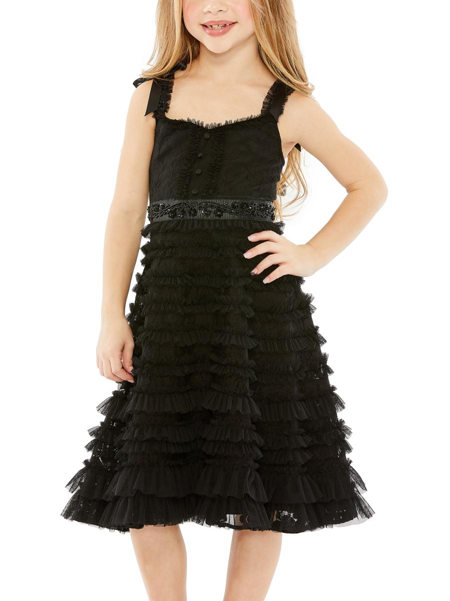 Mac Duggal Little Girl's & Girl's Beaded Bow Strap Ruffle Lace Dress In Black
