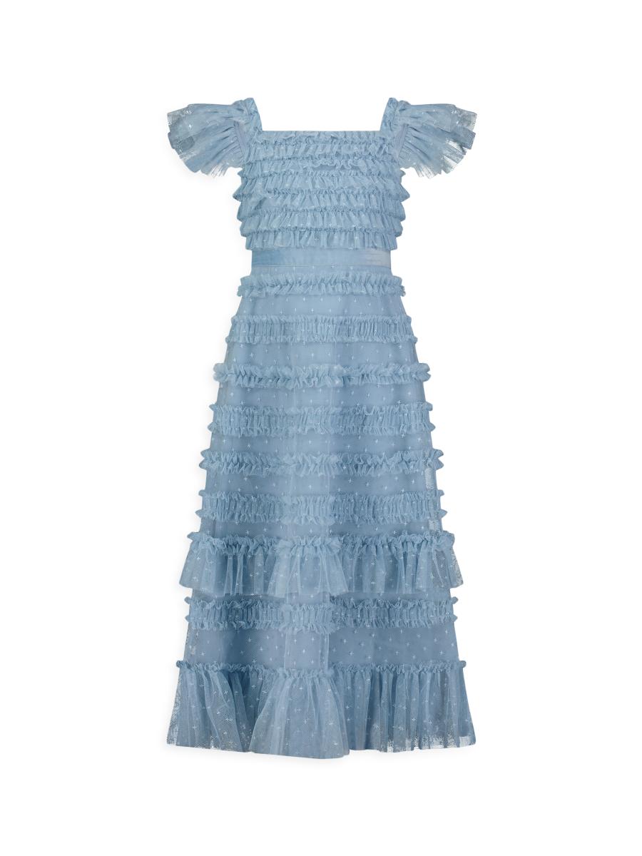 Mac Duggal Little Girl's & Girl's Ruffle Velvet-trimmed Gown In Blue